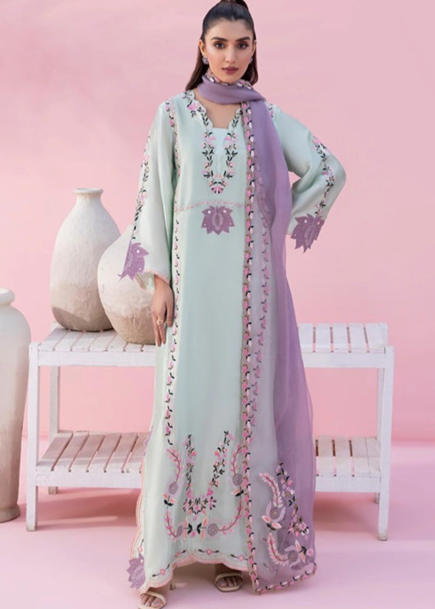 cotton silk Kaftan in Sage green
