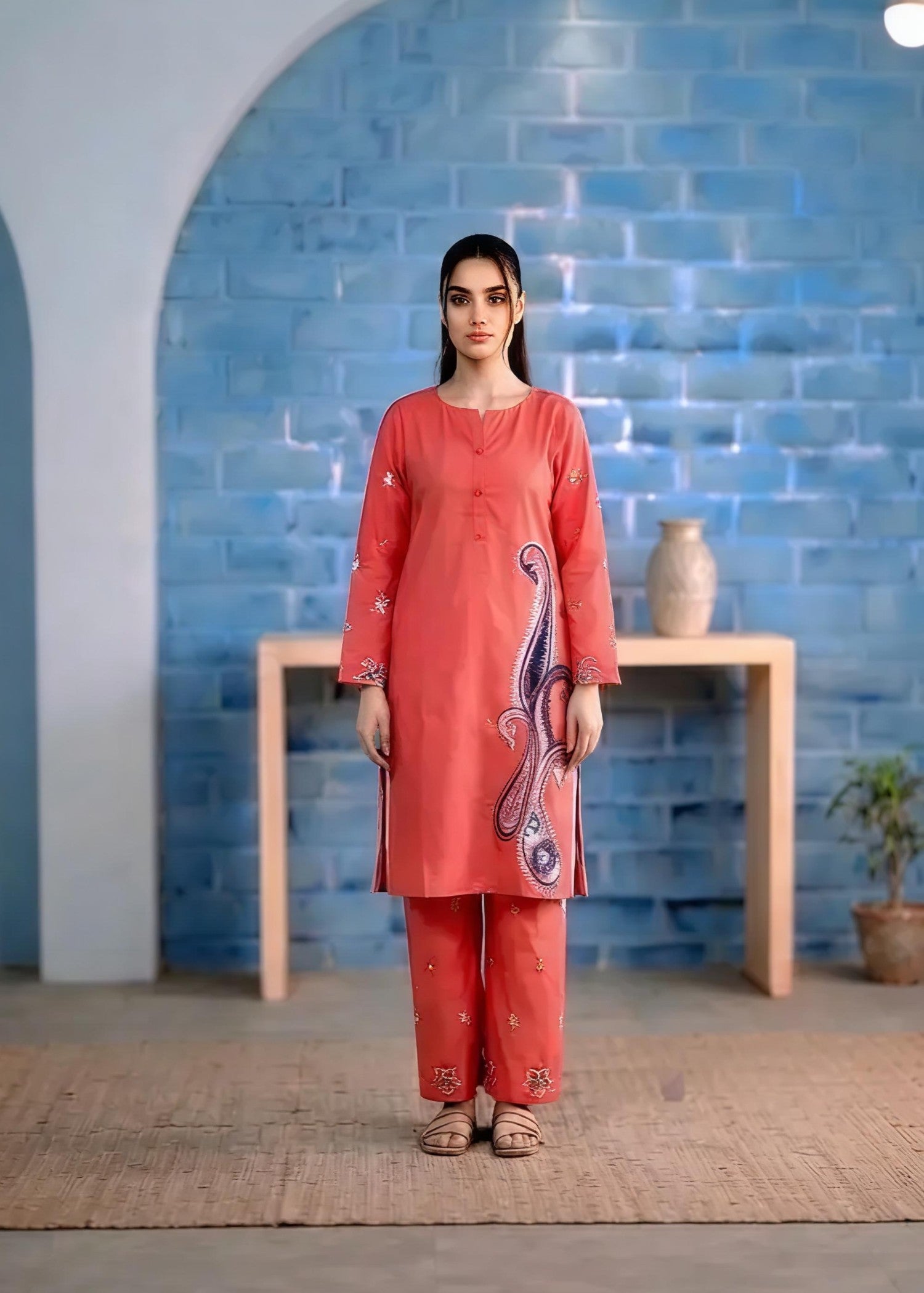 cotton Kurta Set in Tangerine
