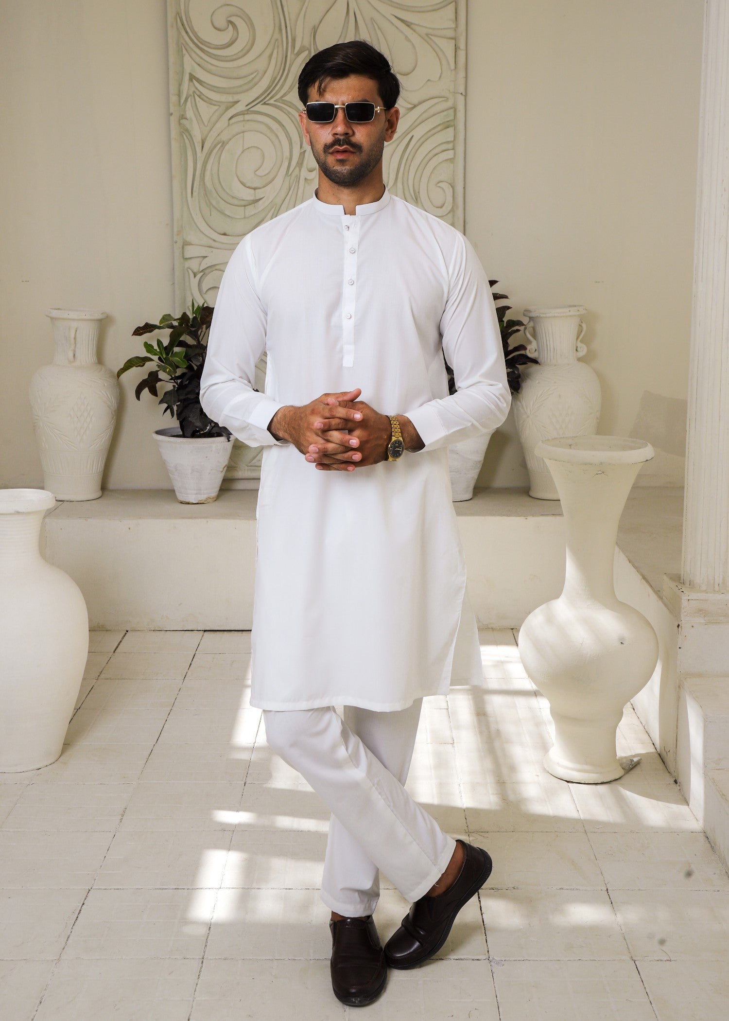 wash & wear Kurta Set in White by Hassan Jee Men