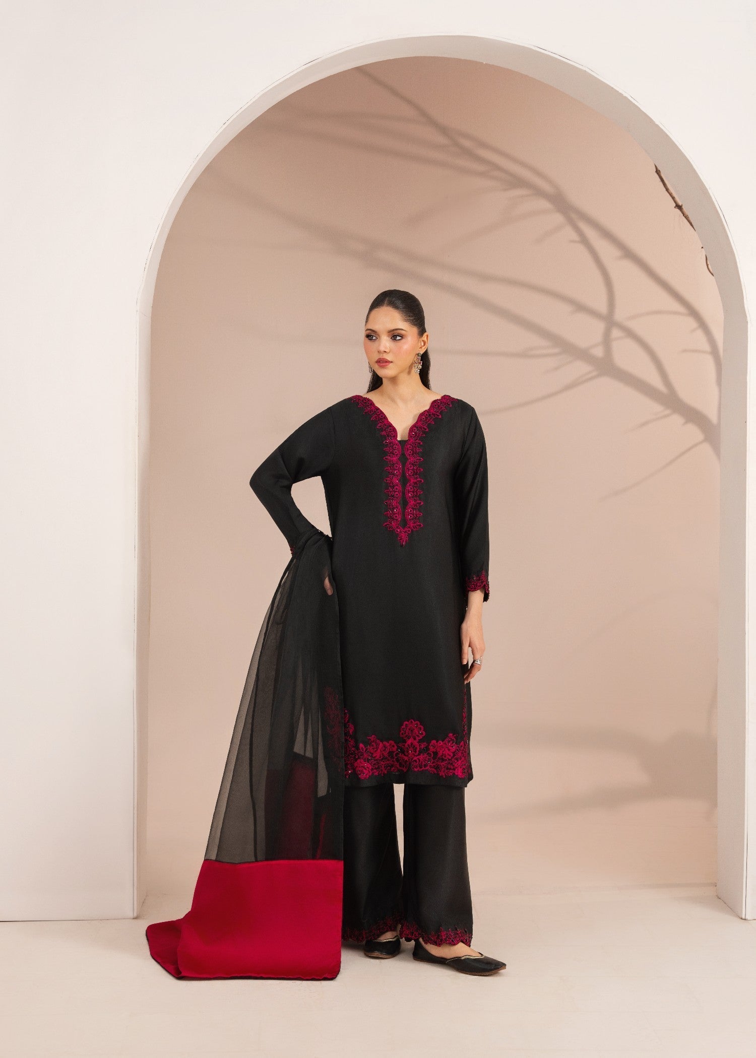 silk charmeuse Kurta Set in Jet black