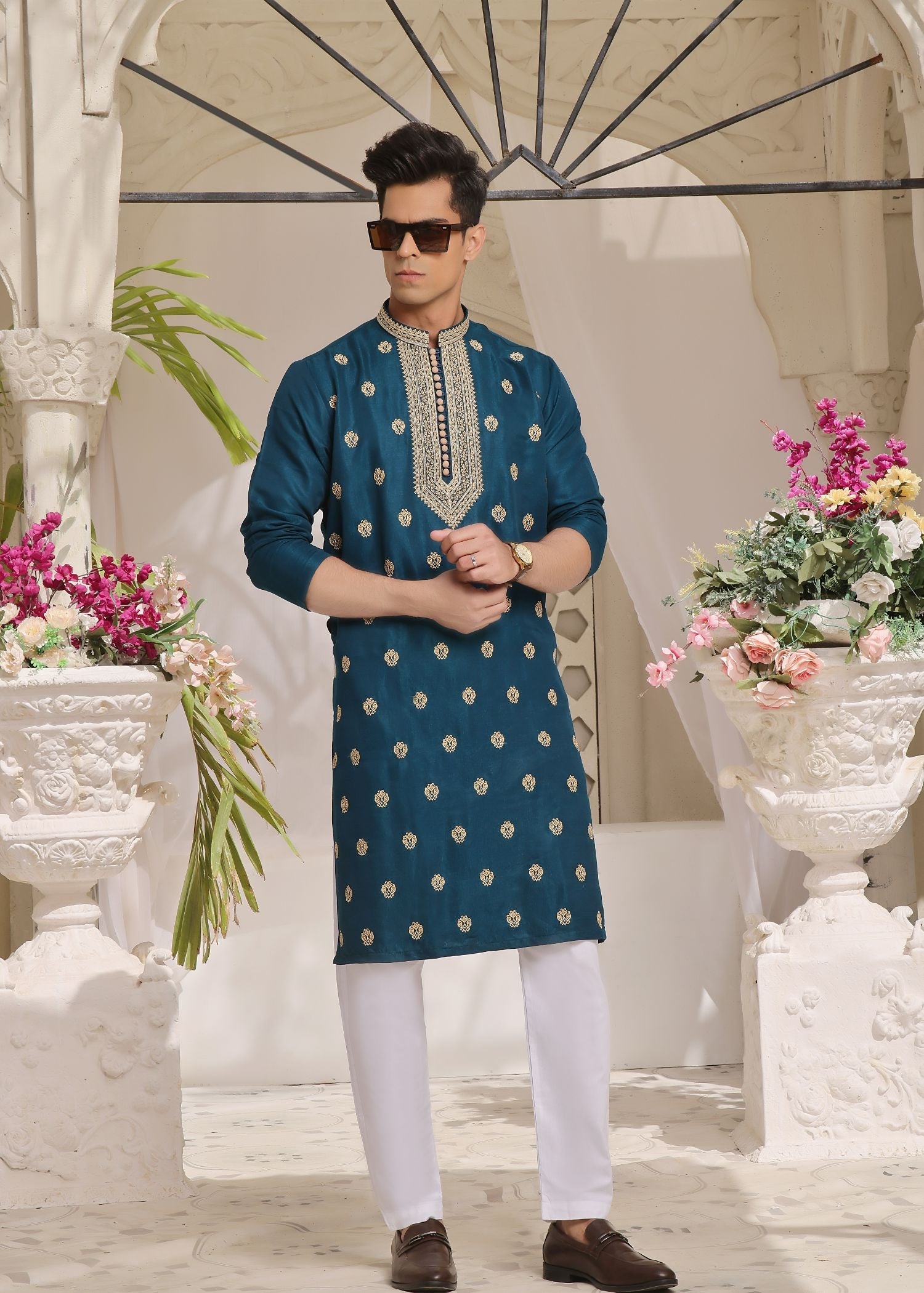 raw silk Kurta Set in Teal by The Great Masters (TGM)