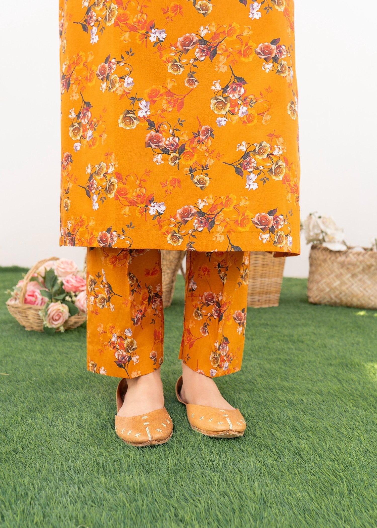 cambric Kurta Set in Orange
