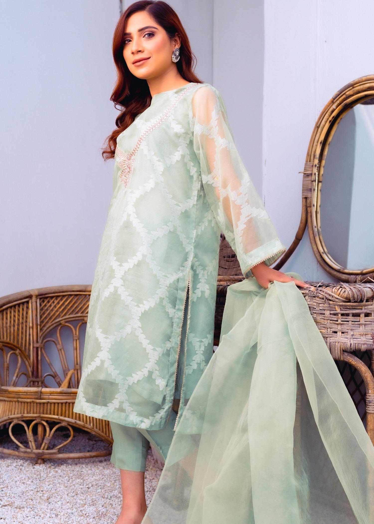 jacquard organza Kurta Set in Tea green