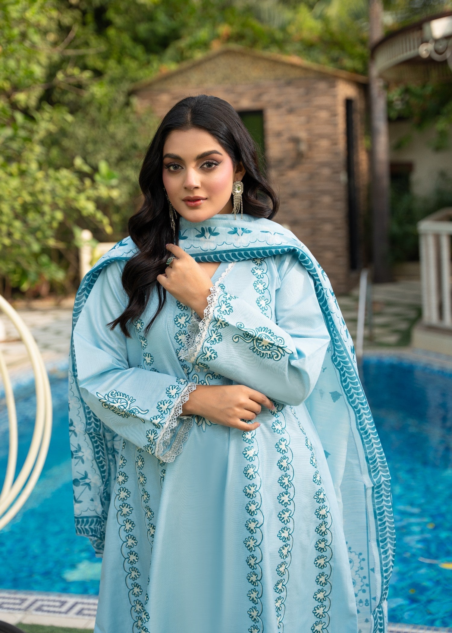 khaddi net Pishwas in Sky blue