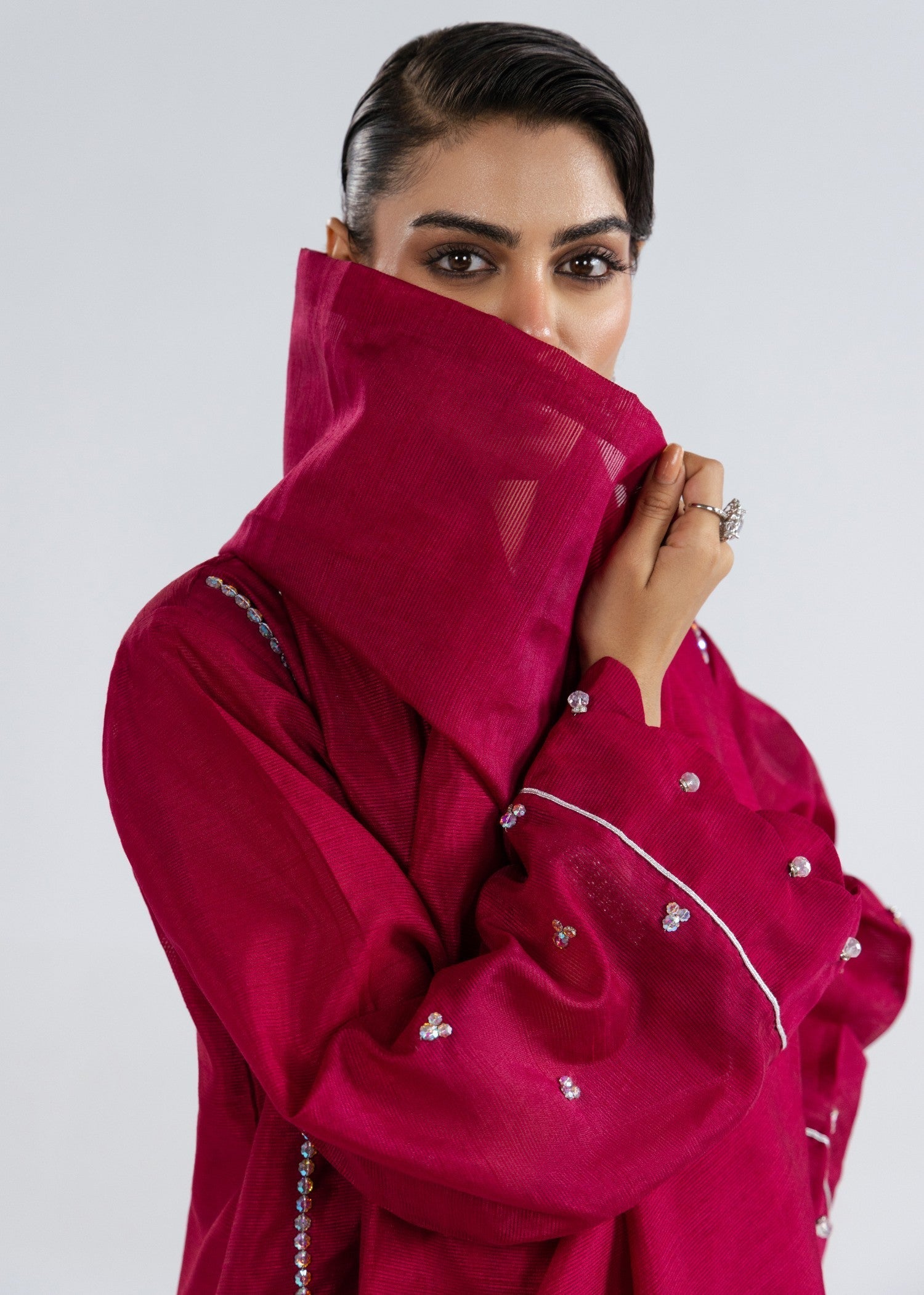 khaddi net Kurta Set in Burgundy