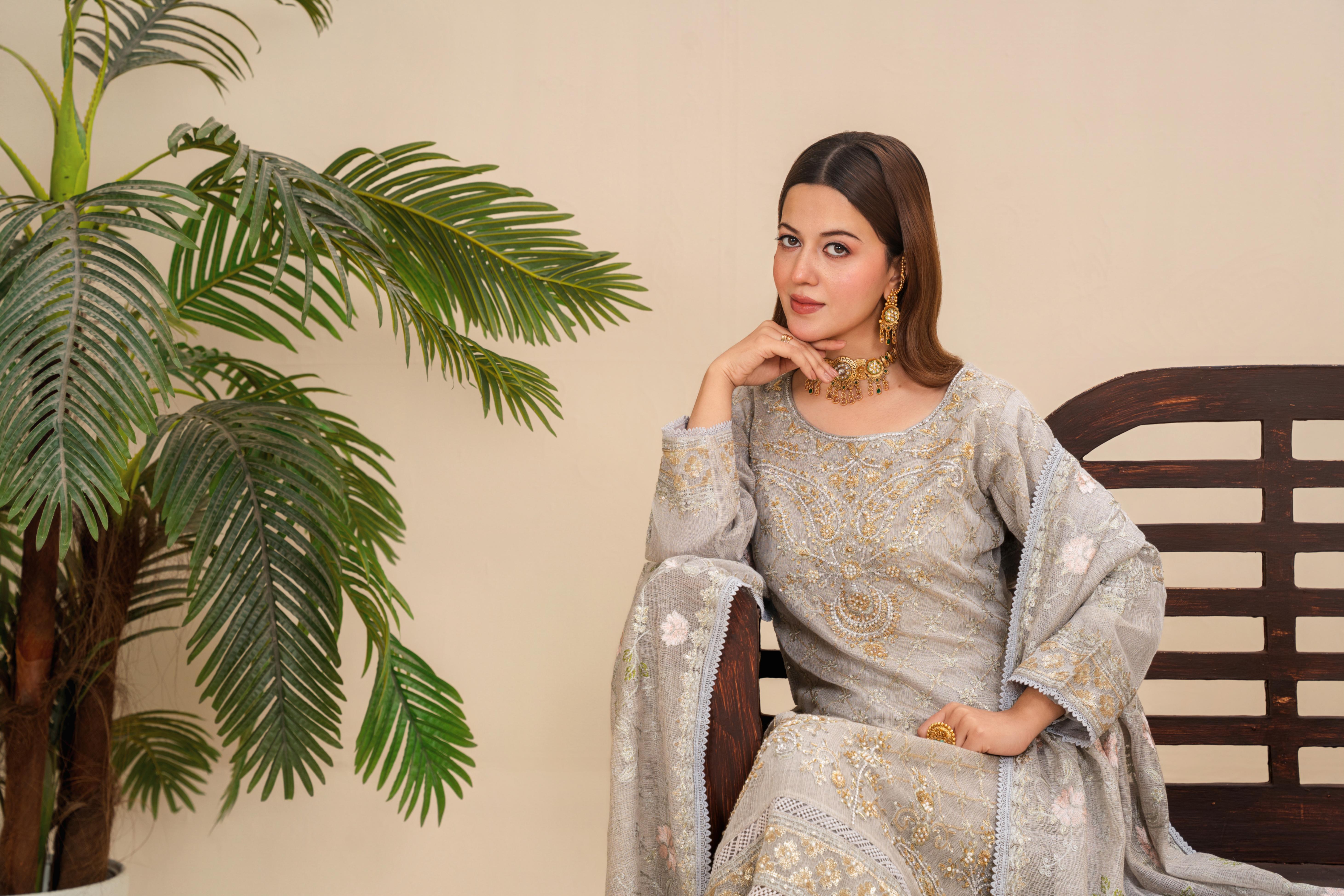 khaddi net Kurta Set in Pastel grey