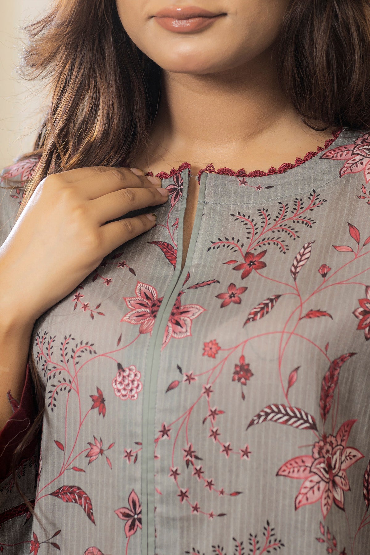 lawn voile Kurta Set in Ash grey