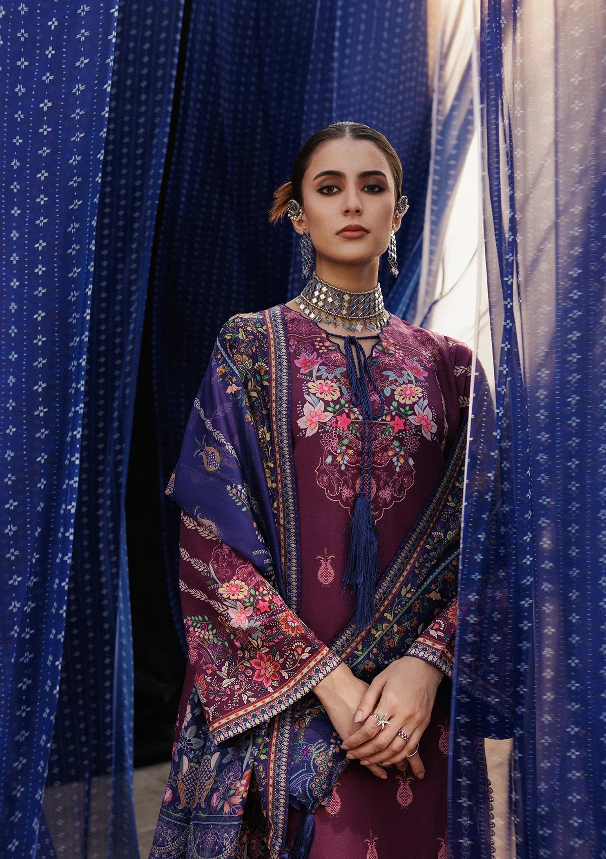 khaddar Unstitched in Plum purple