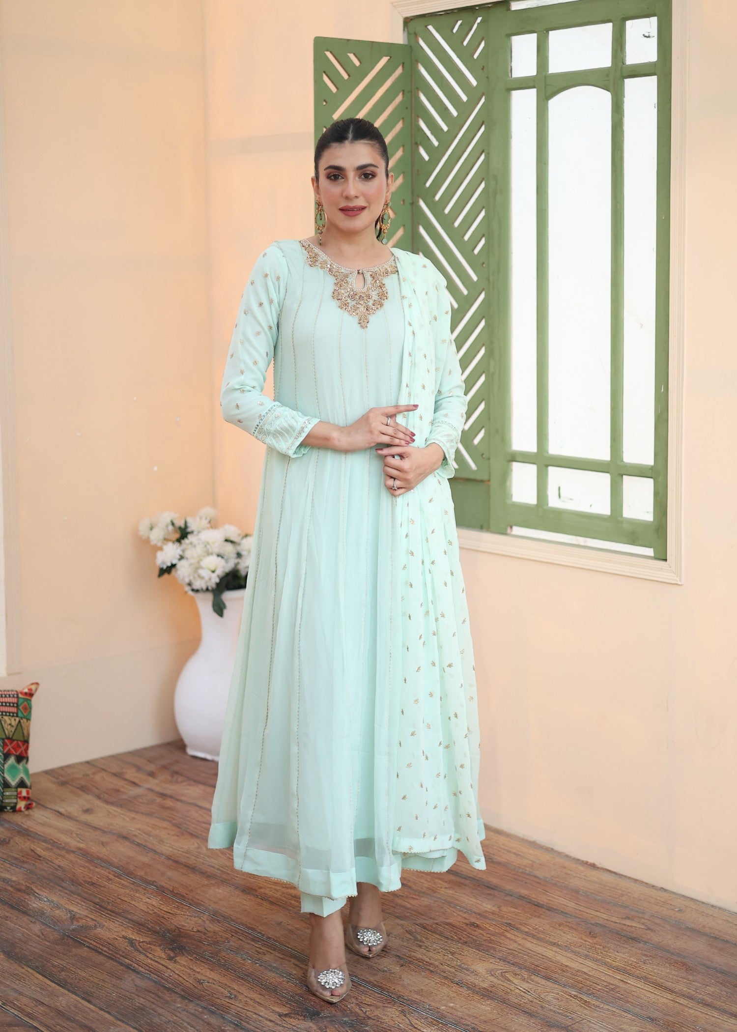 bemberg crinkle chiffon Maxi in Mint green