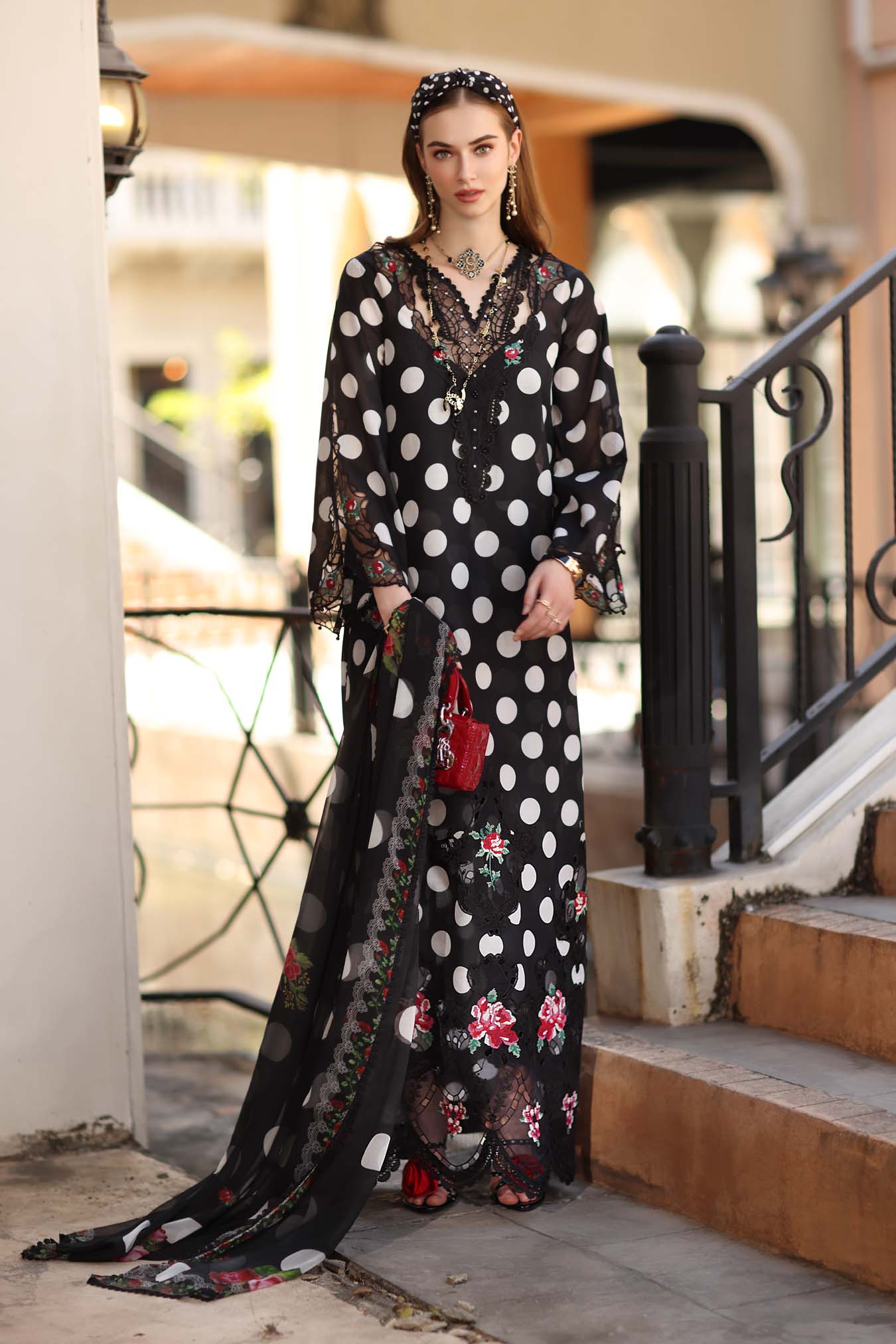 Noor Eid Luxe Printskhaas Lawn – D4 - A - Black Polka