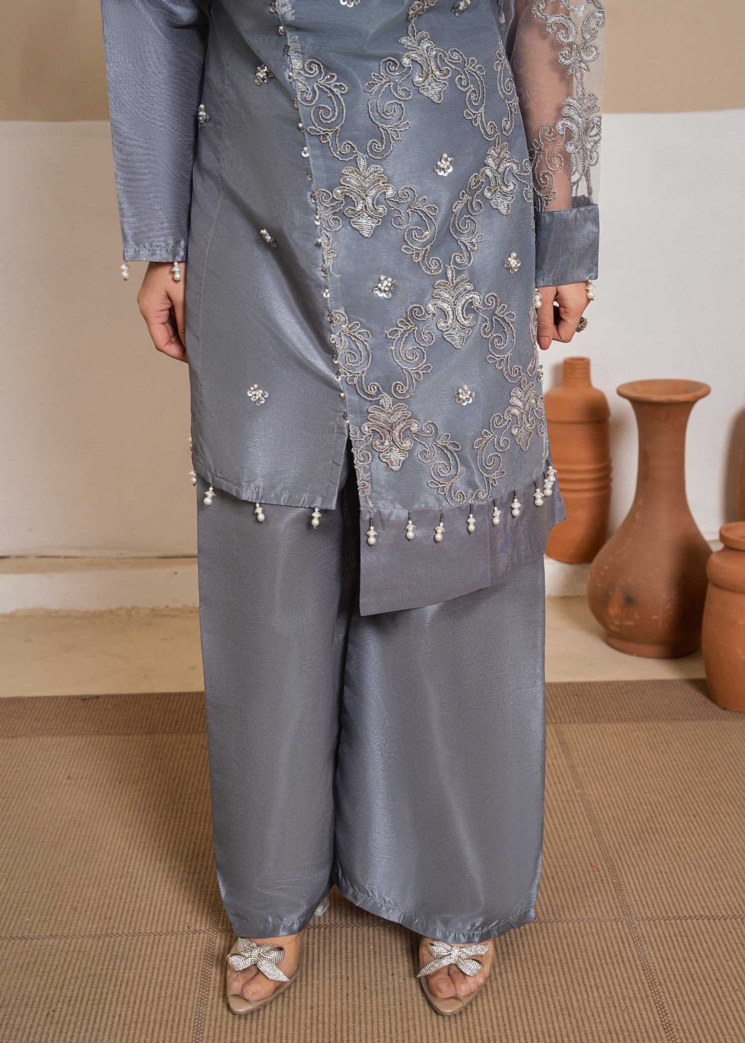 raw silk Short Frock in Slate grey