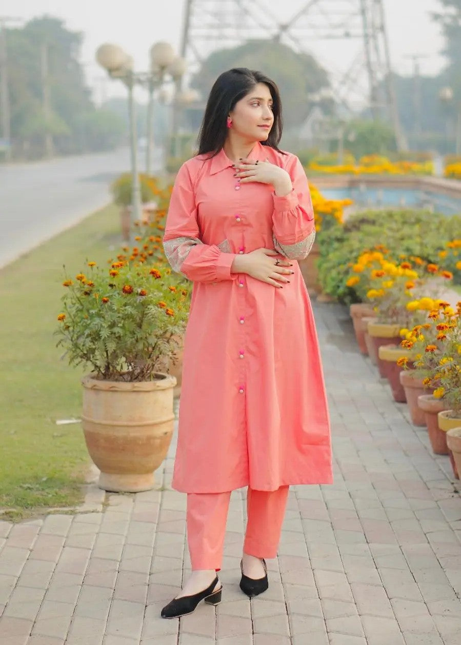 cambric Pishwas in Peach pink
