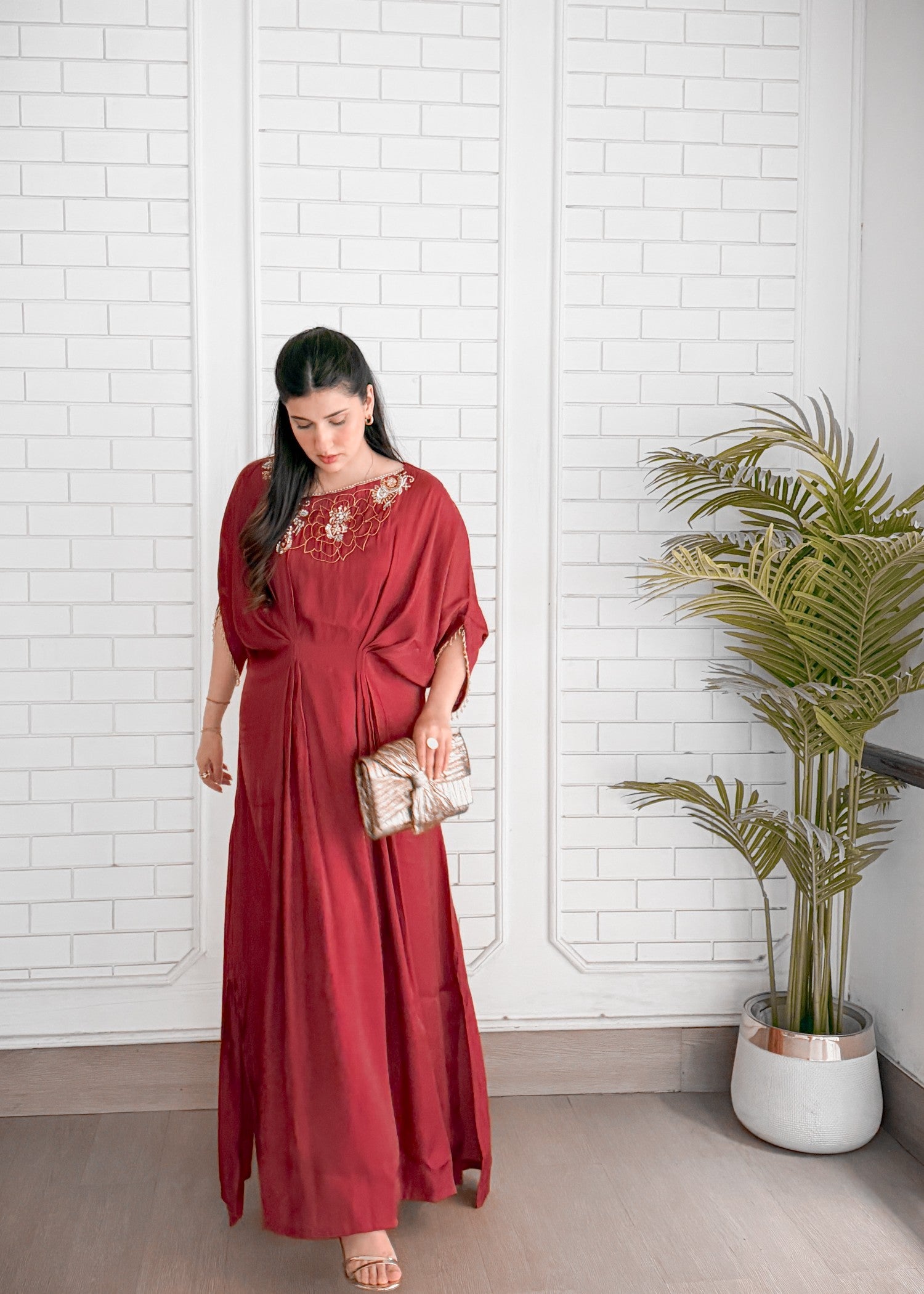 cotton silk Kaftan in Maroon