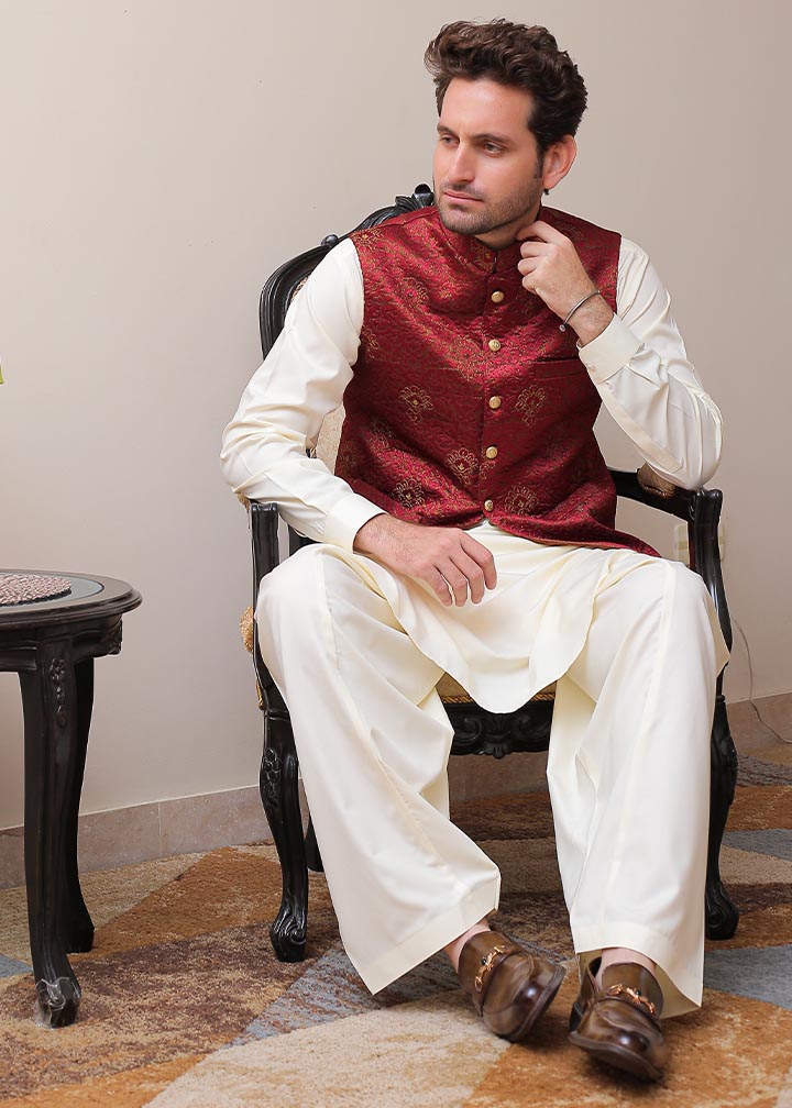 banarsi silk Waistcoat in Maroon