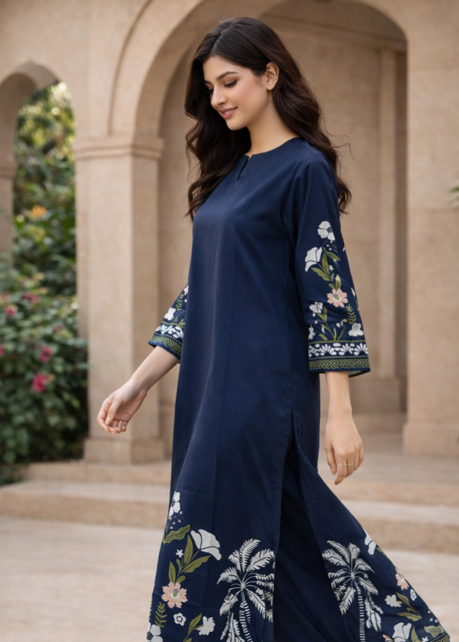 crepe Kurta Set in Navy blue