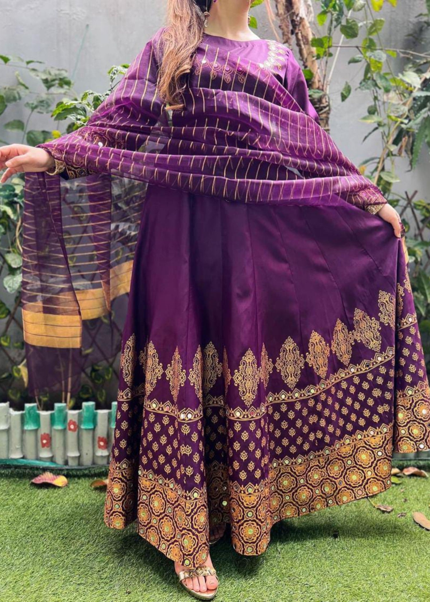 cotton satin Anarkali in Purple
