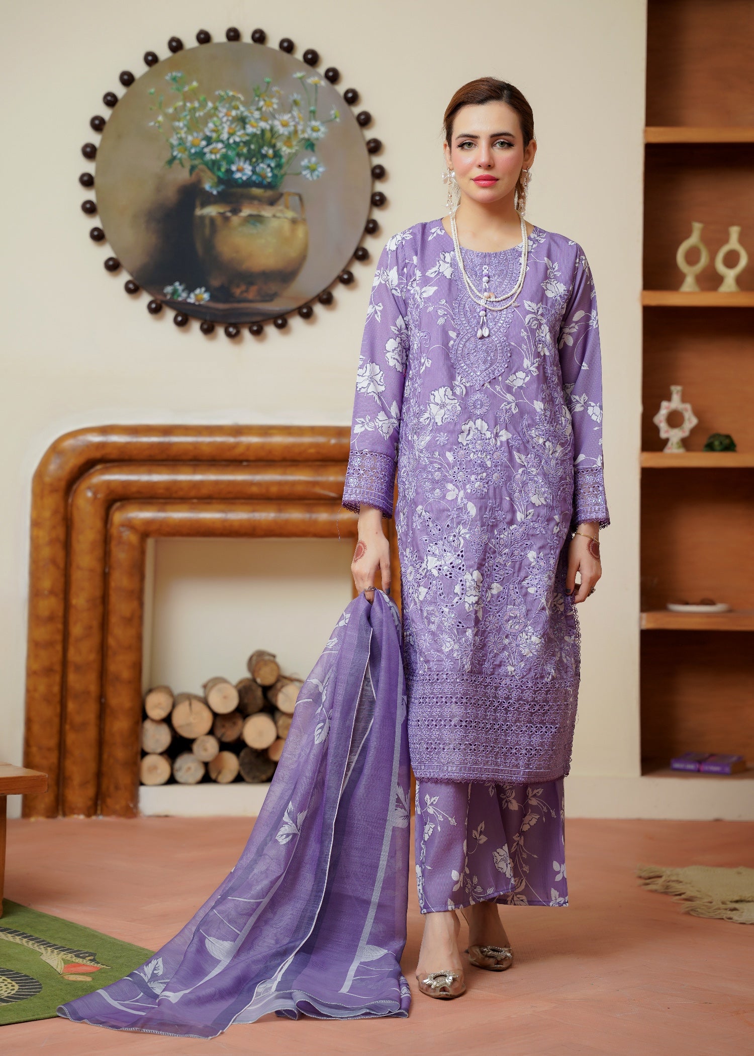khaddi net Kurta Set in Lavender