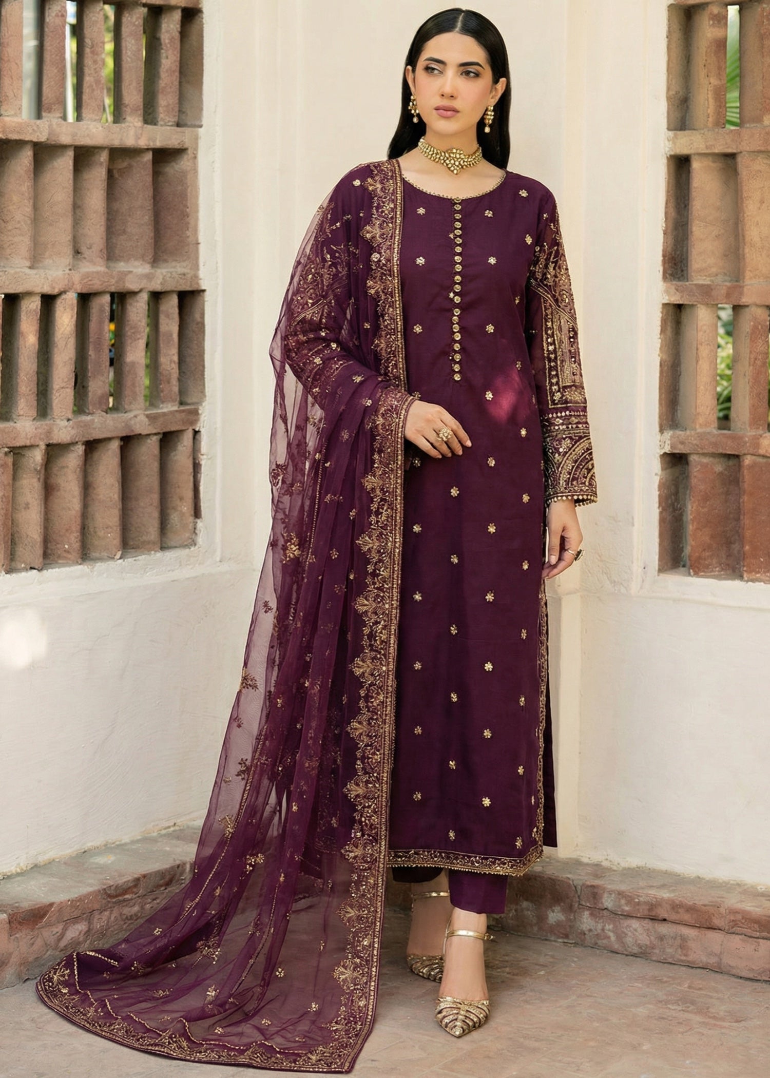 net Kurta Set in Plum