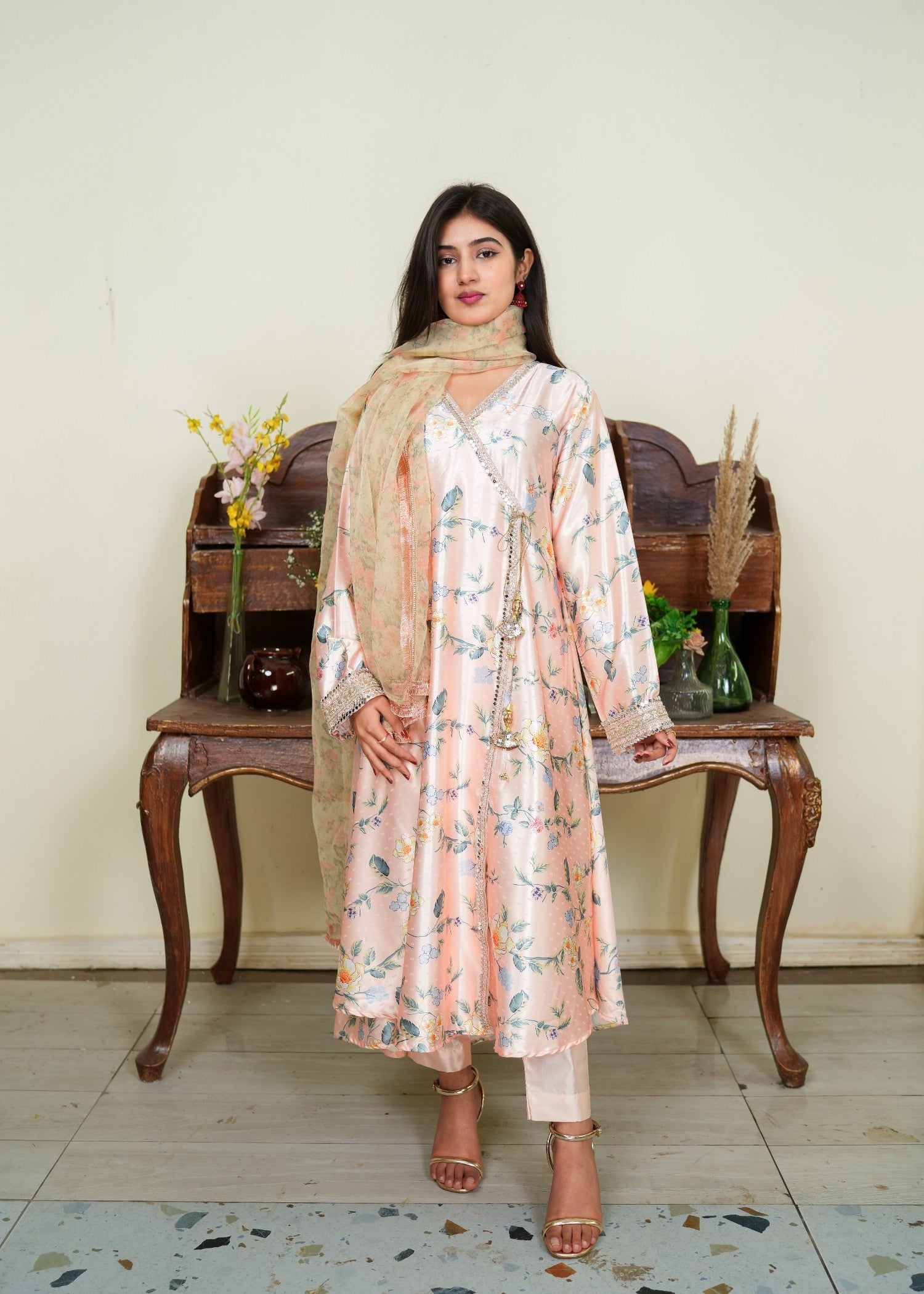 silk Angrakha in Peach pink, steel blue, steel teal