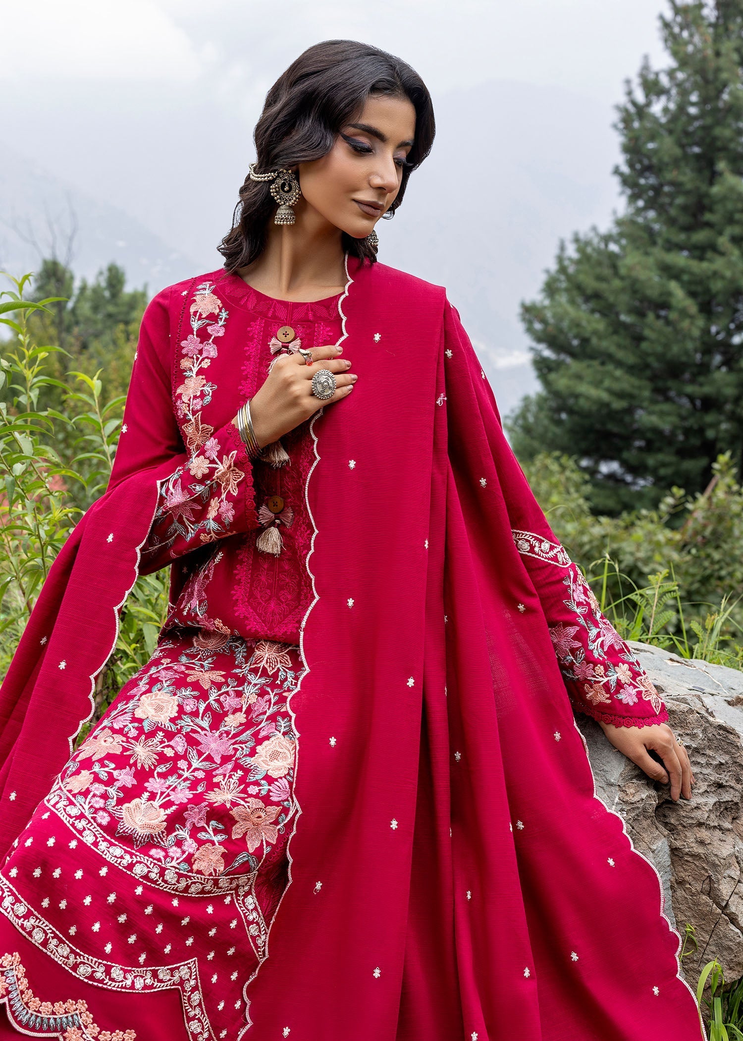 khaddar Kurta Set in Hot pink red