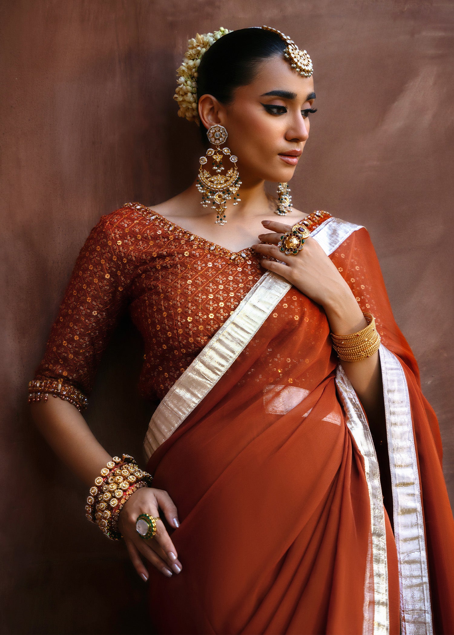 chiffon Saree in Rust orange