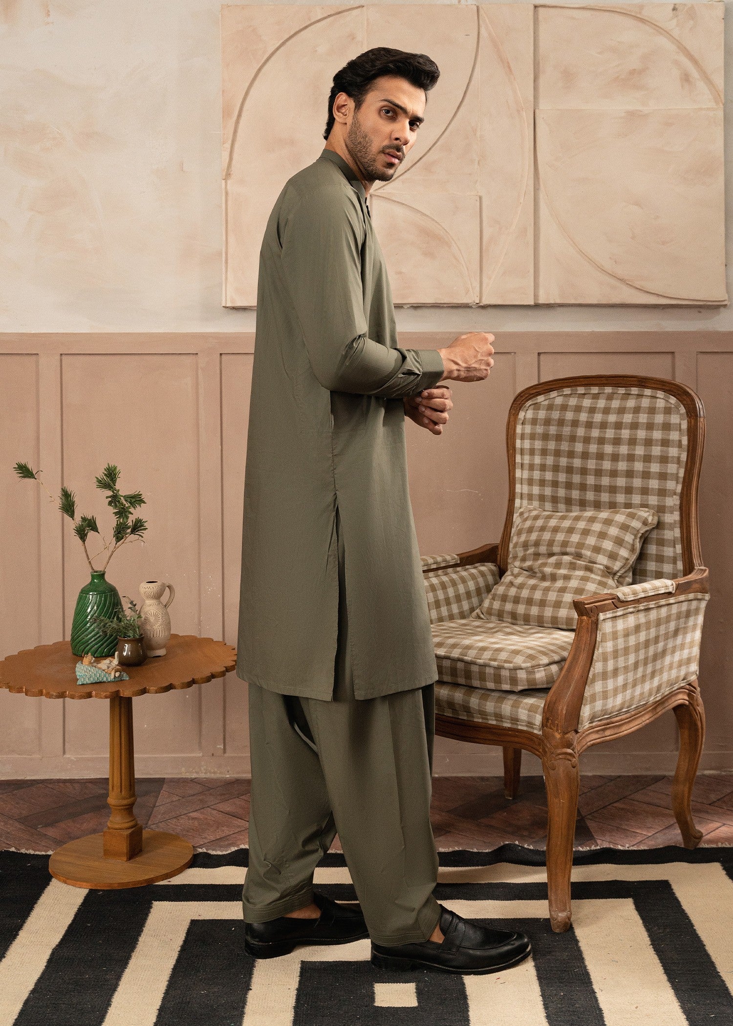 cotton Shalwar Kameez in Olive green