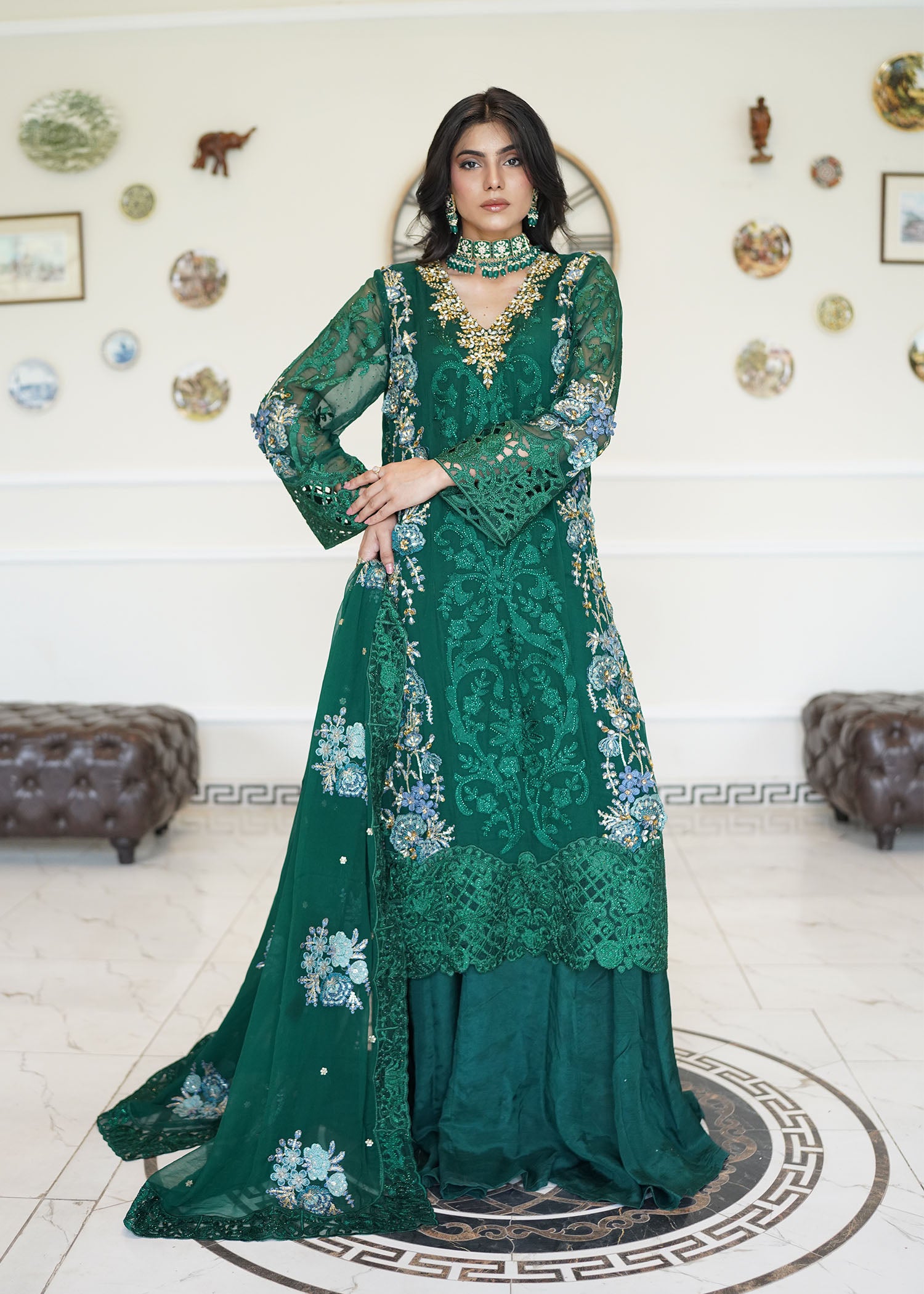 chiffon Lehenga in Emerald green