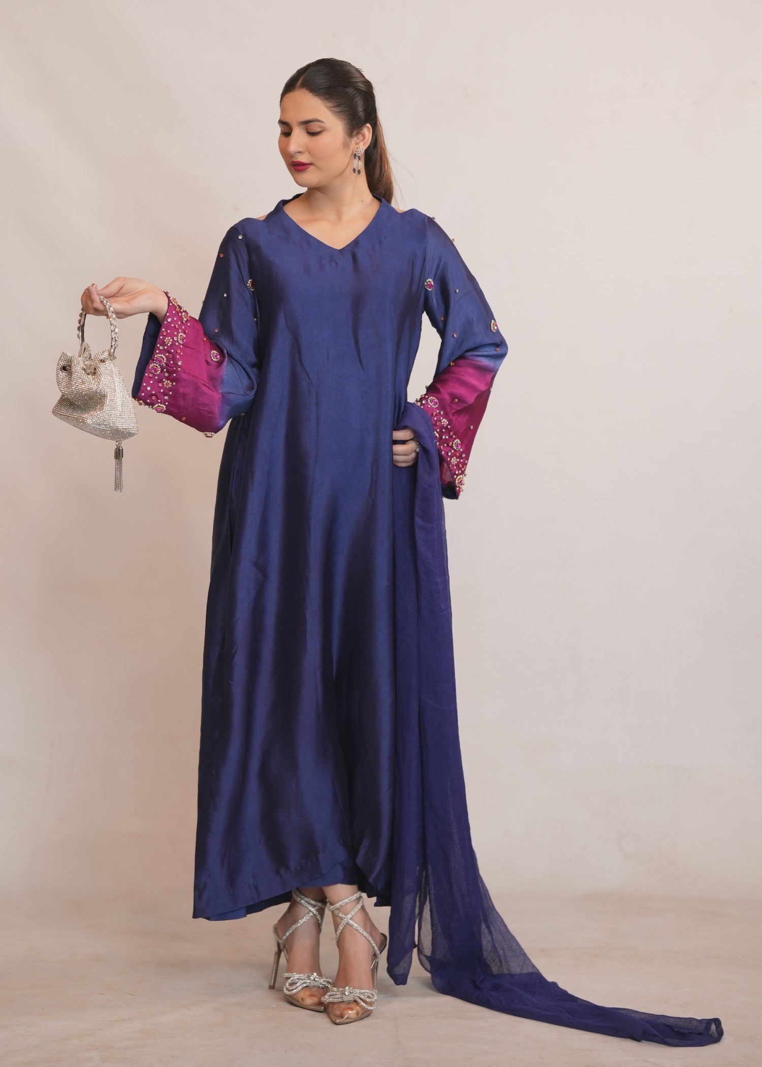tissue silk Kurta Set in Navy blue