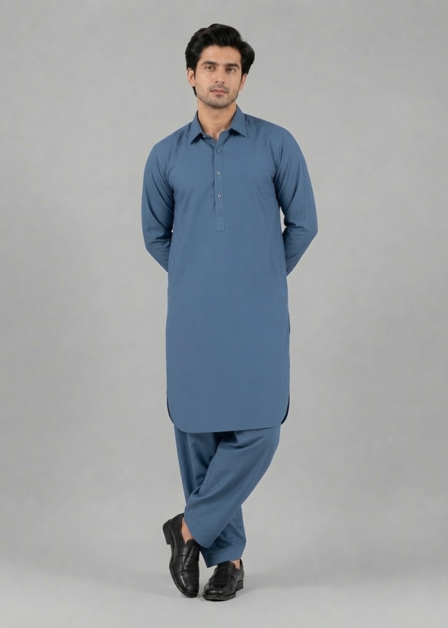 wash & wear Shalwar Kameez in Prussian blue by Hinz