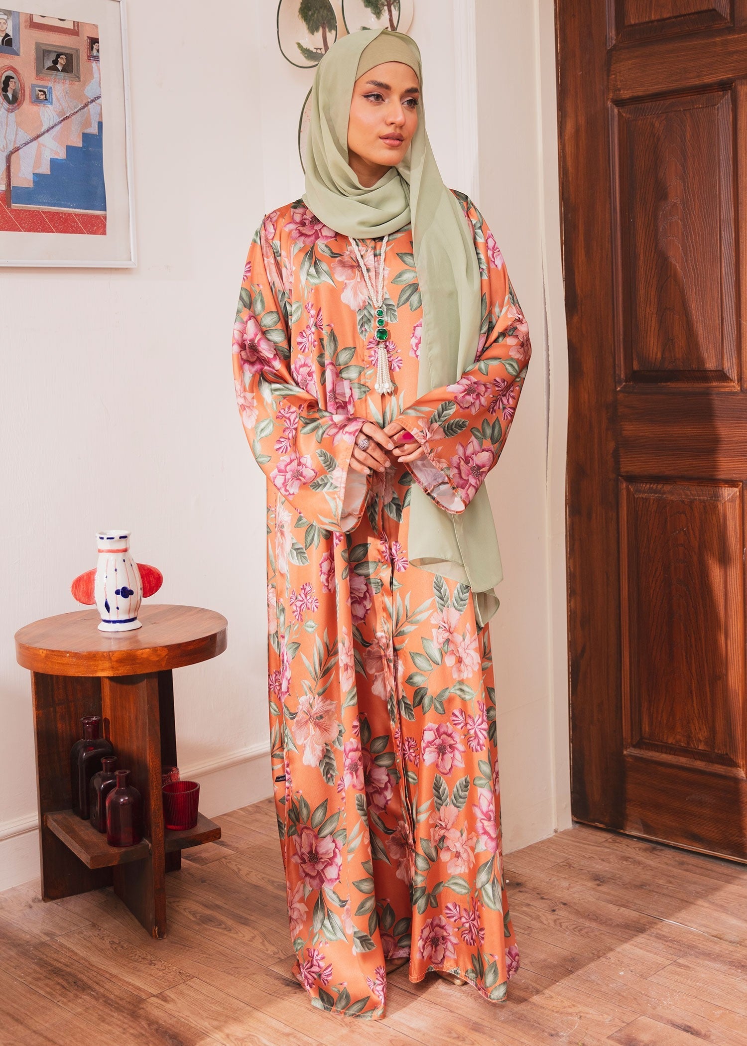 silk Abaya in Rust orange