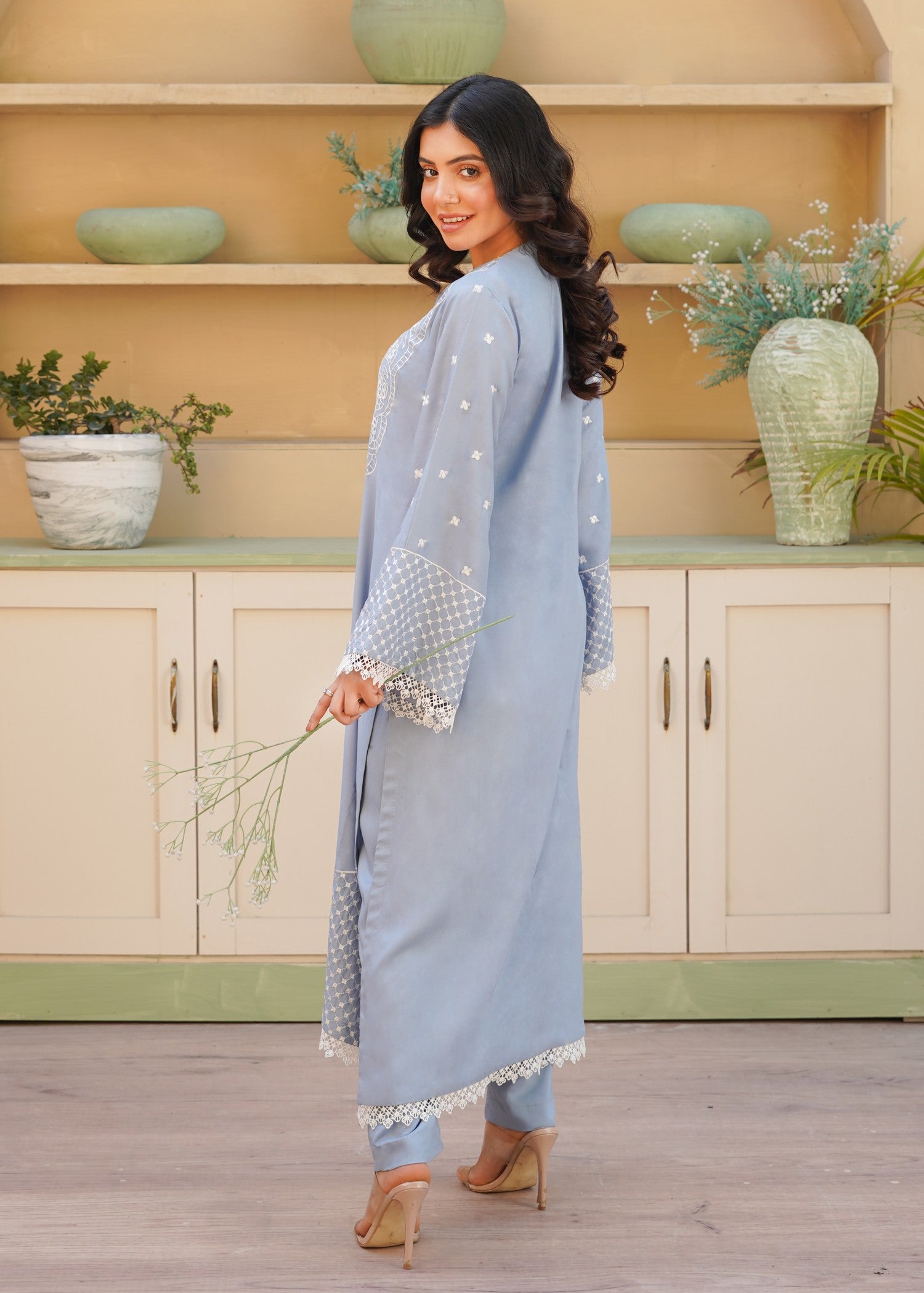 arabic lawn Kurta Set in Powder blue