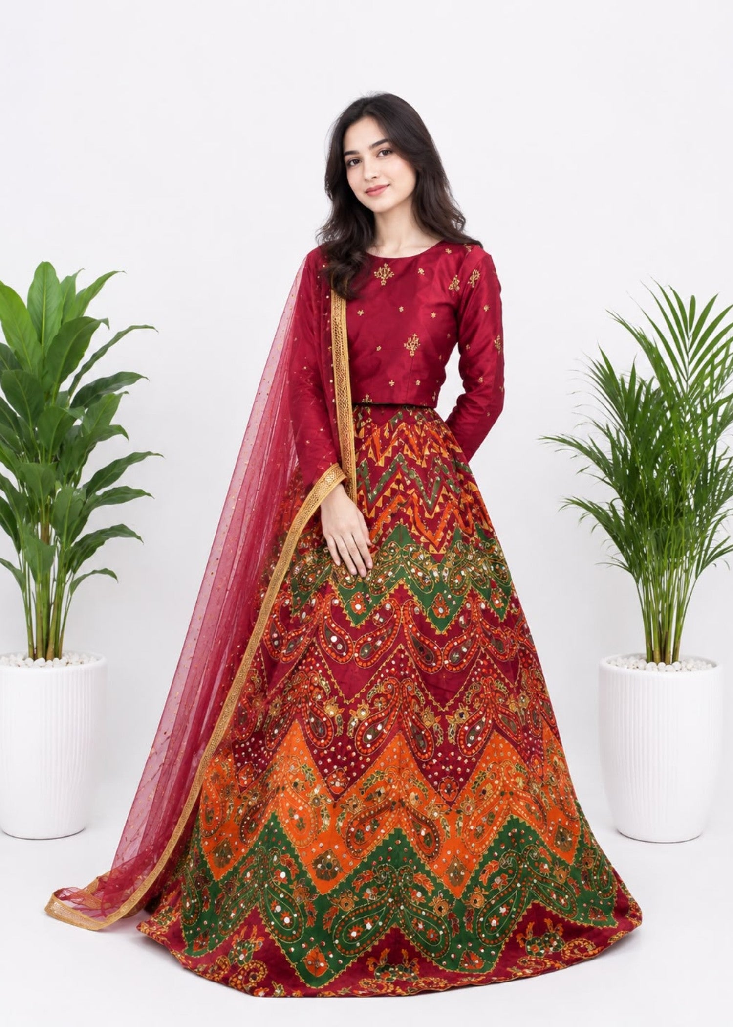 kattan silk Lehenga in Multi, maroon