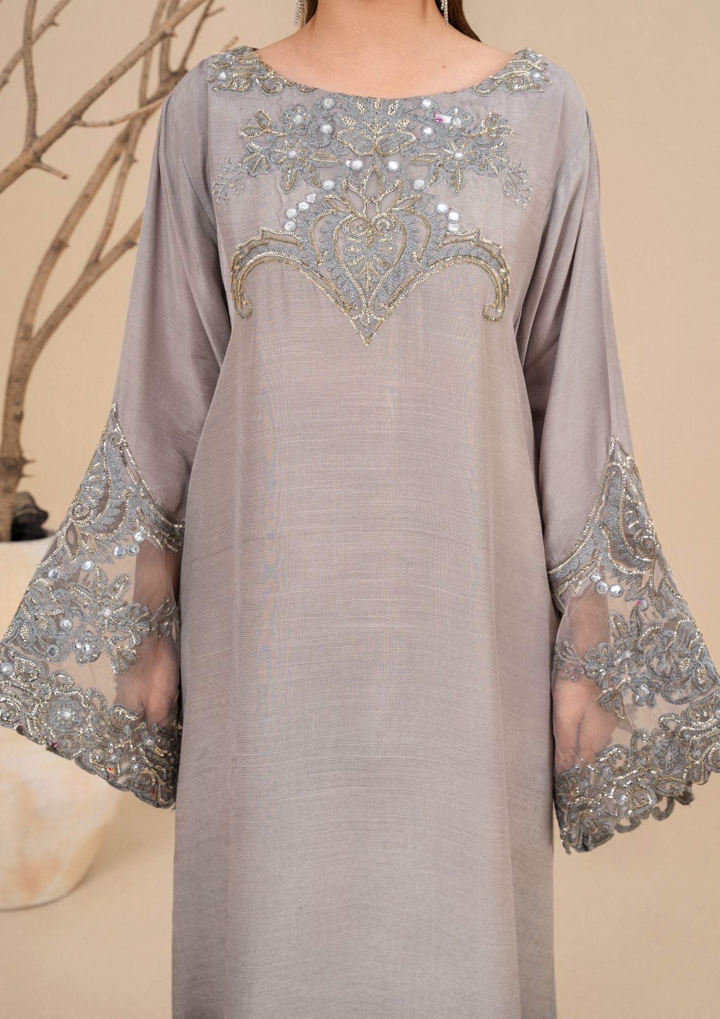 viscose raw silk Kurta Set in Dark grey
