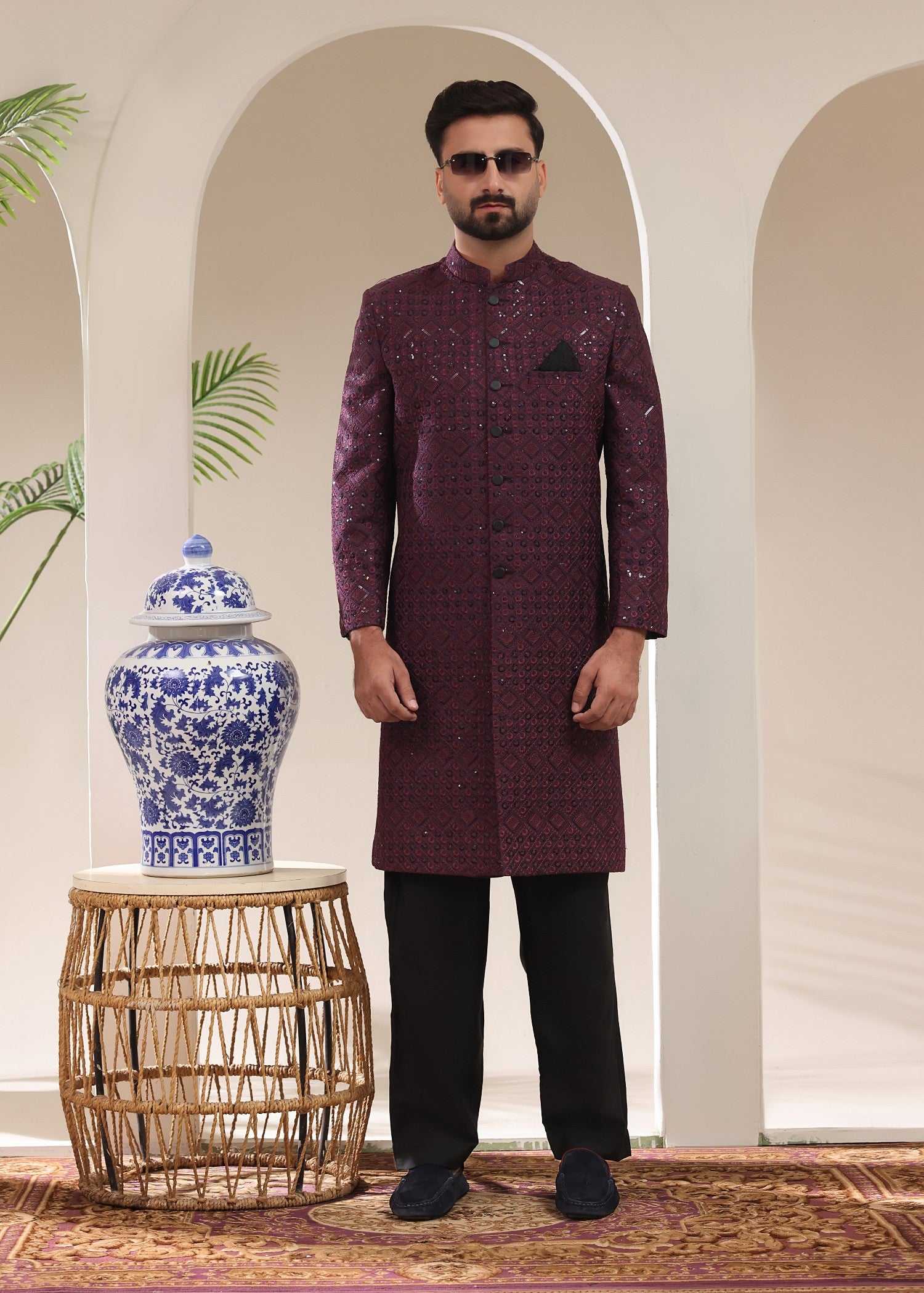 jamawar Sherwani in Purple heart