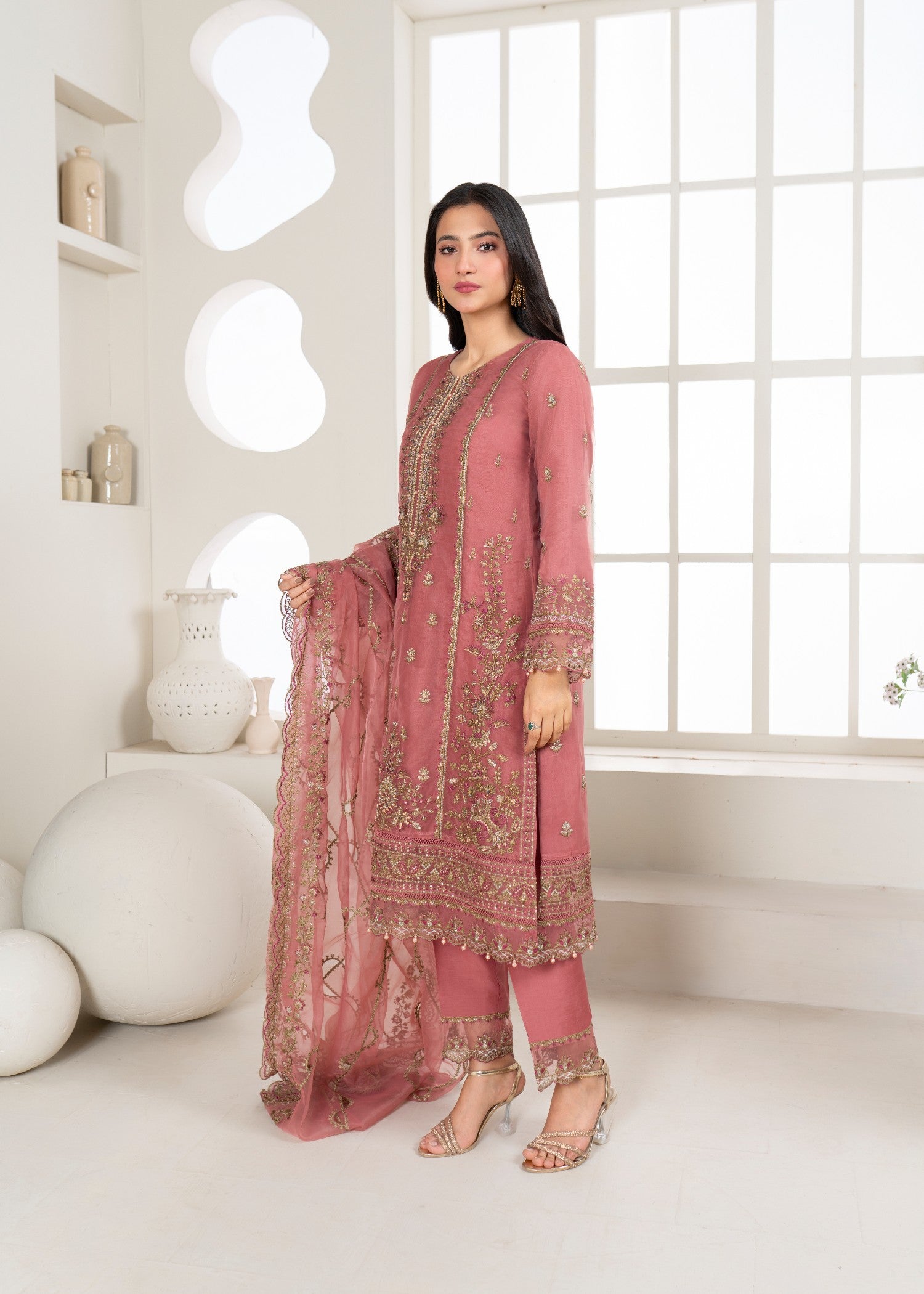 organza Kurta Set in Melon pink