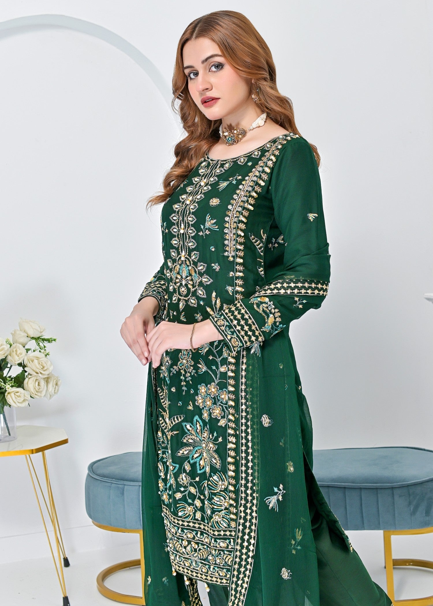 crinkle chiffon Kurta Set in Bottle green