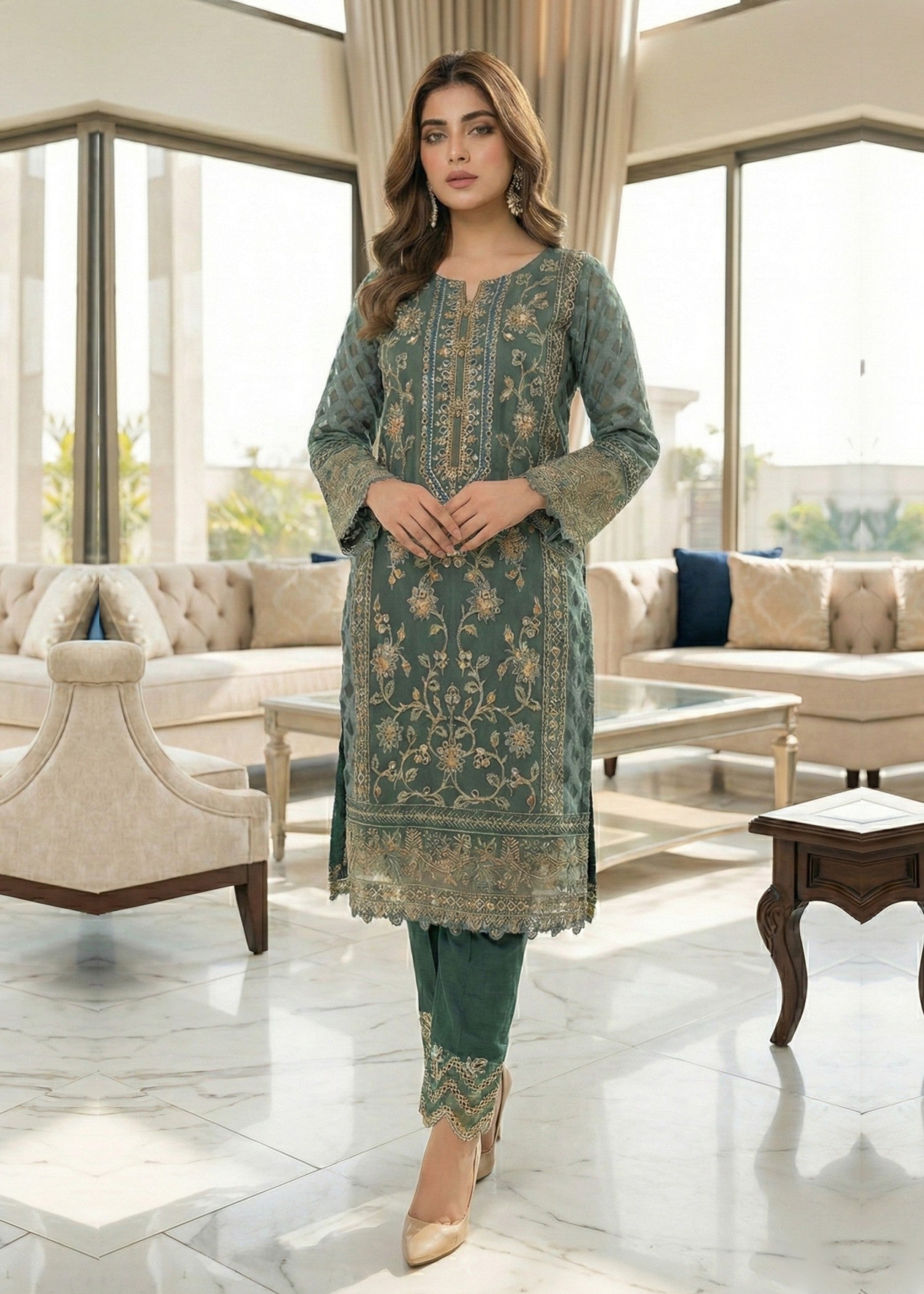 jacquard organza Kurta Set in Green