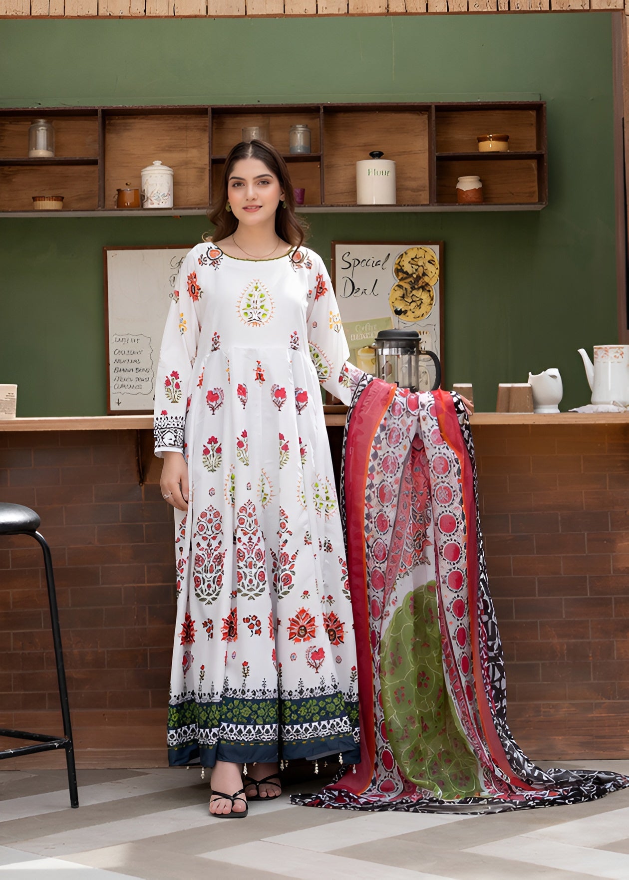 poly lawn Anarkali in White
