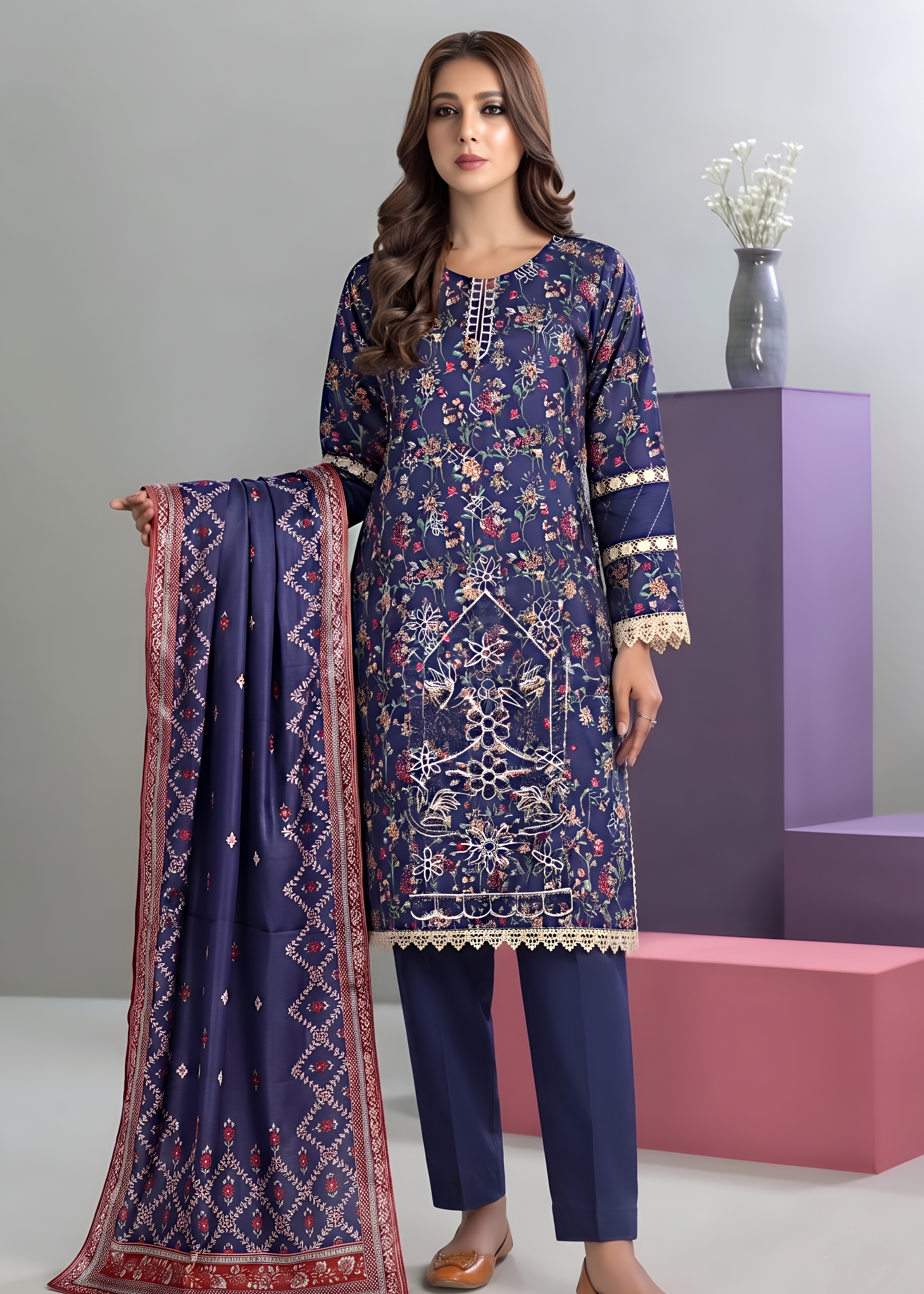 lawn Kurta Set in Midnight blue