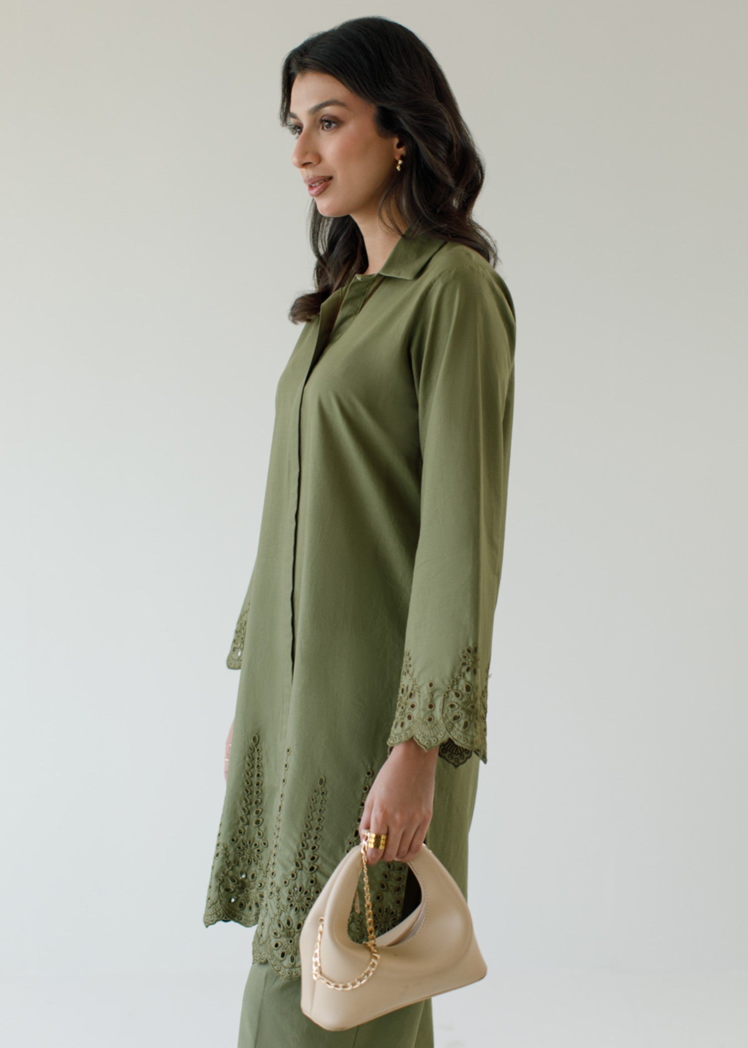 schiffli Co Ord Sets in Olive green
