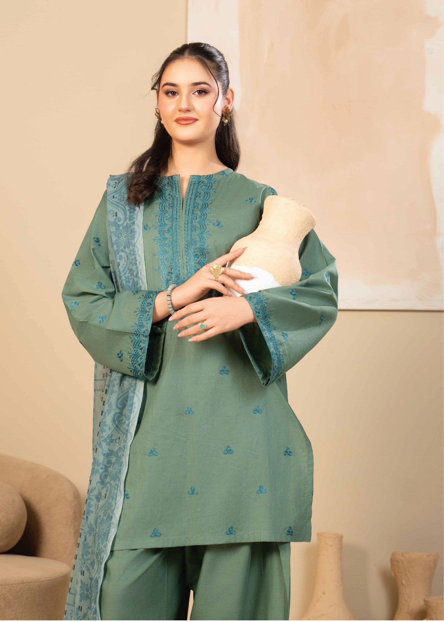 lawn cotton Kurta Set in Sage green