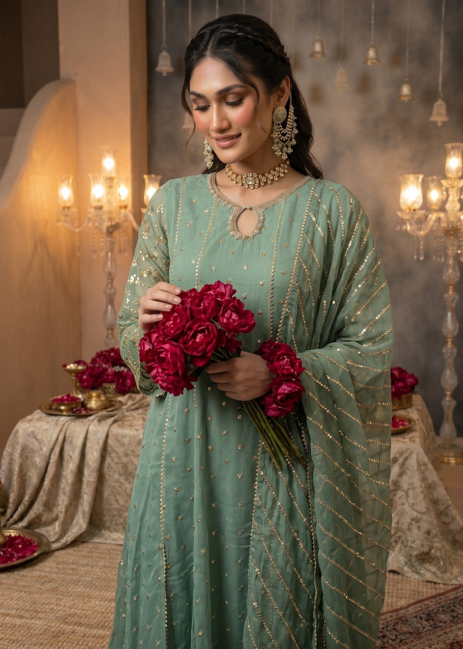 chiffon Anarkali in Mint green