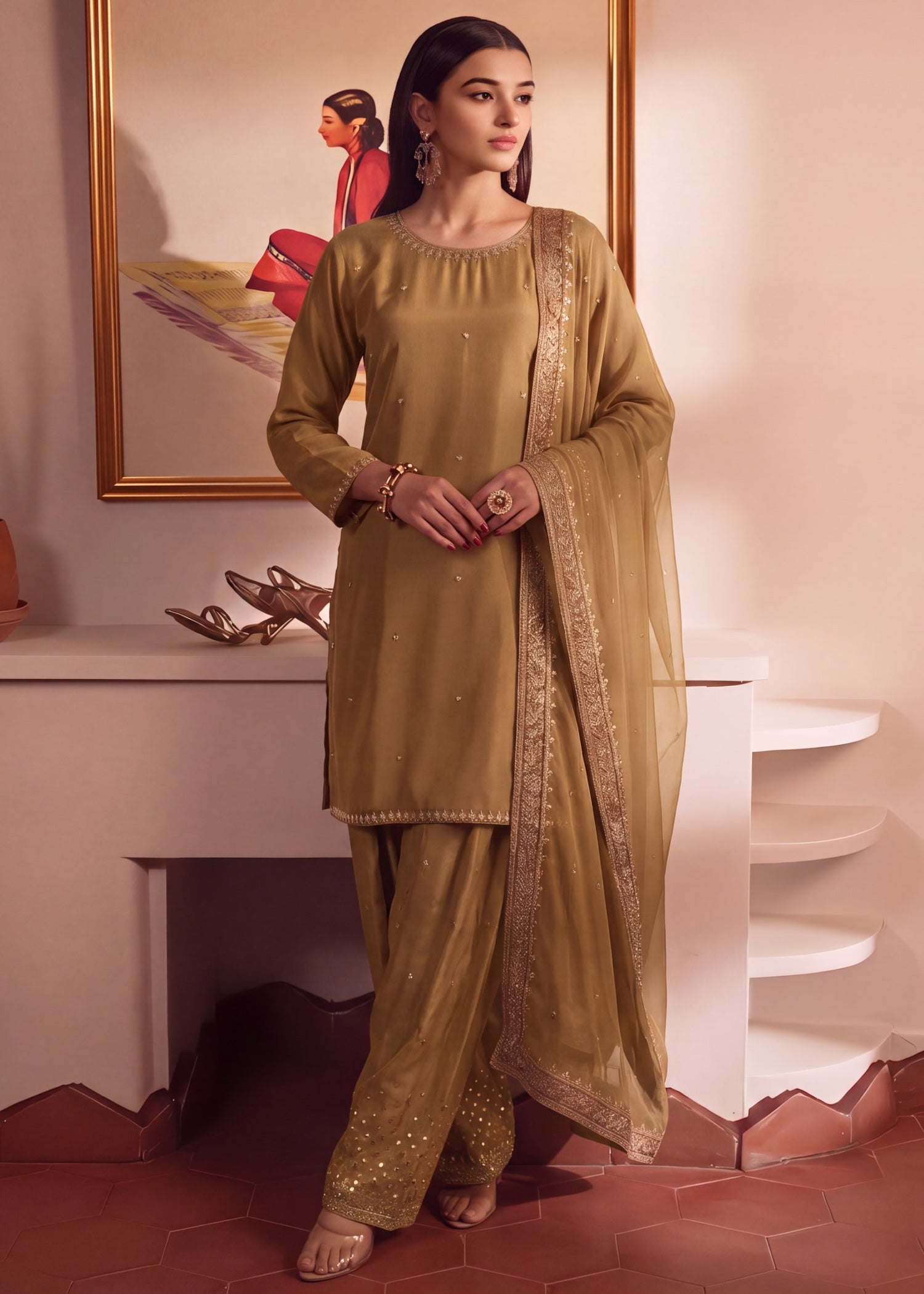 silk Kurta Set in Golden brown