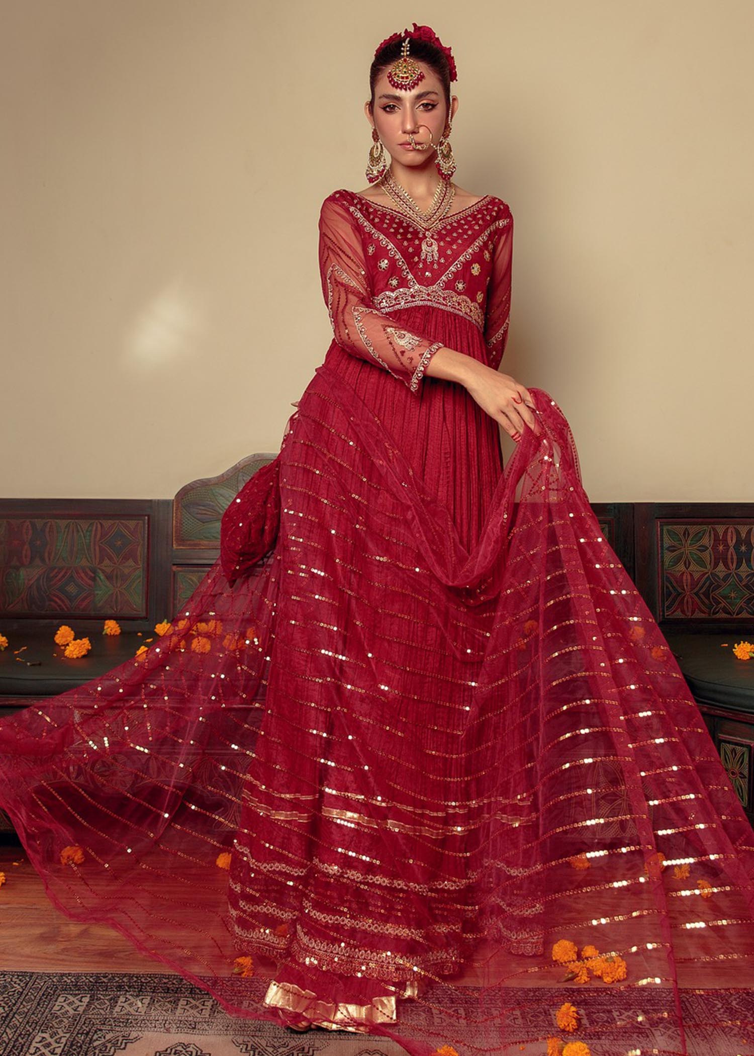 cotton silk Pishwas in Maroon
