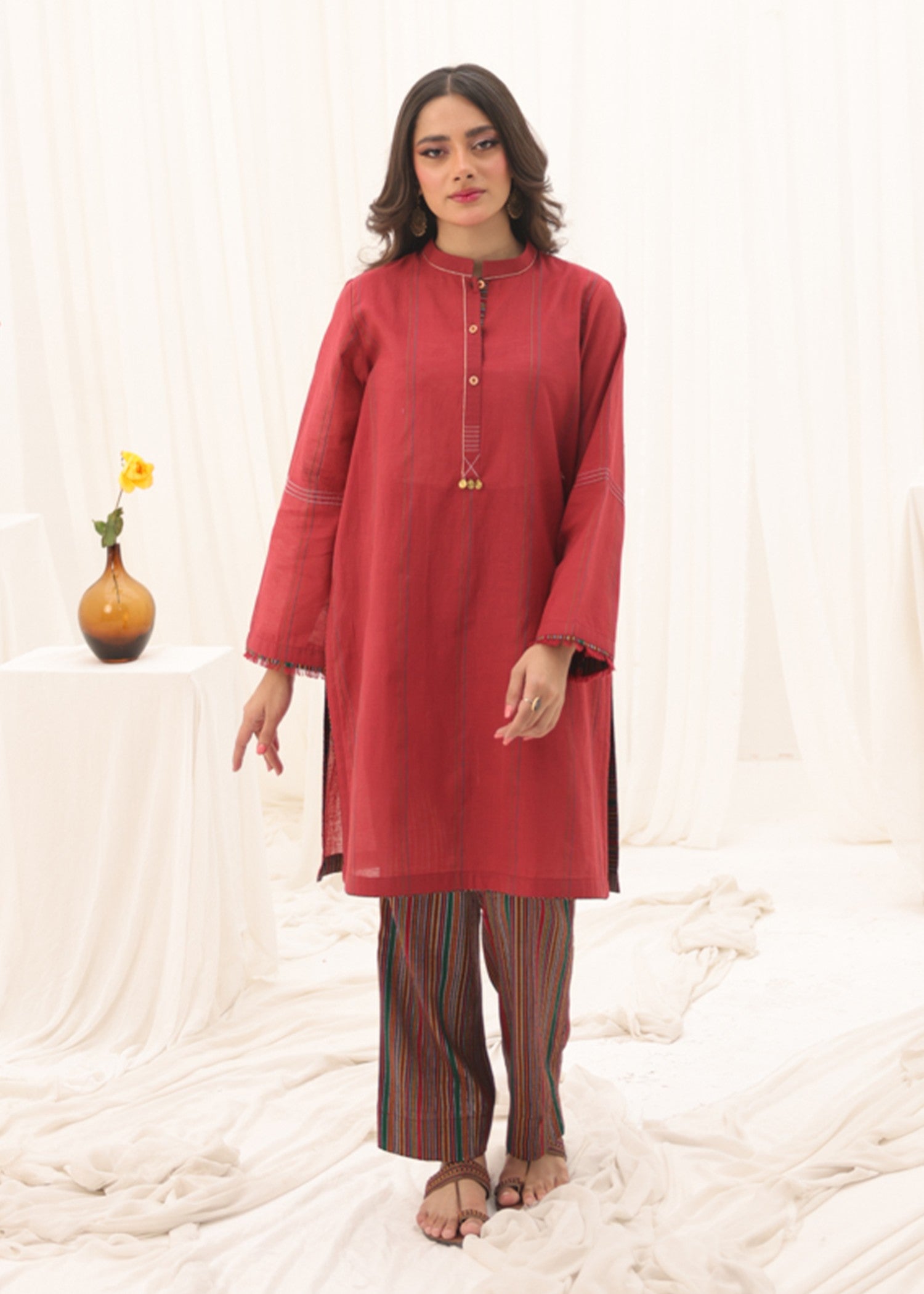 yarn dyed Kurta Set in Red