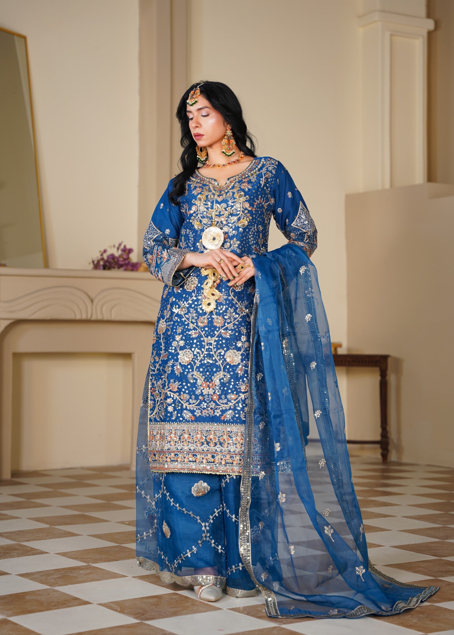chiffon Sharara in Sapphire blue, gold
