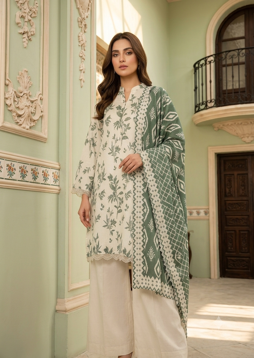 lawn Kurta Set in Pistachio green, off-white
