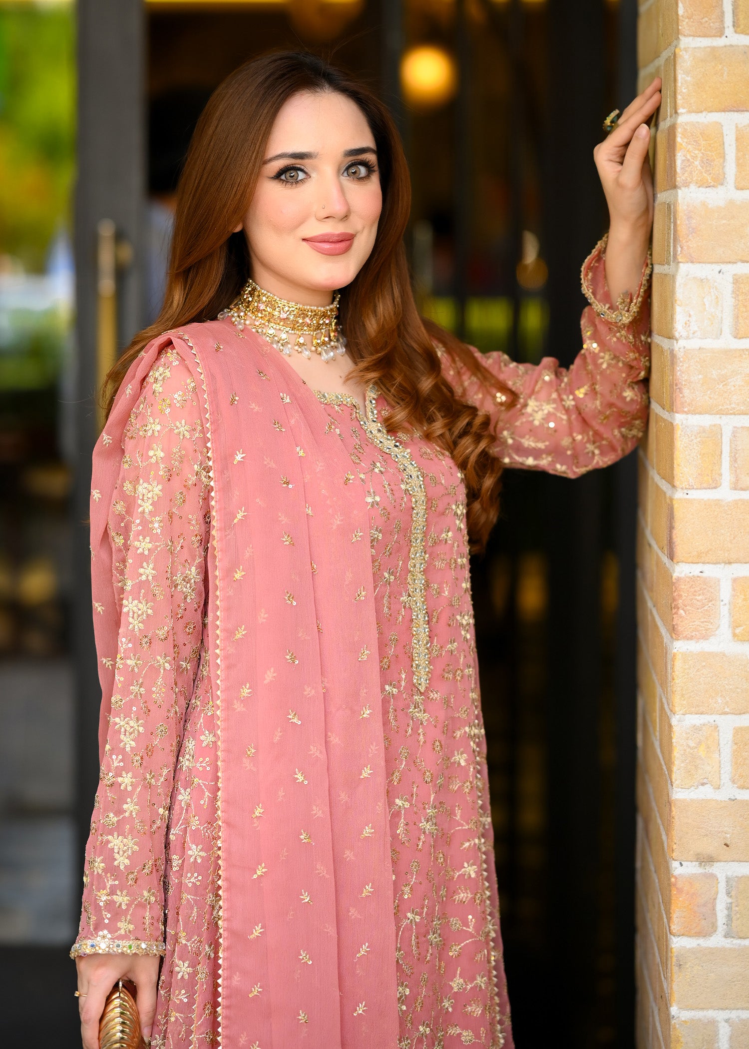 chiffon Pishwas in Coral pink
