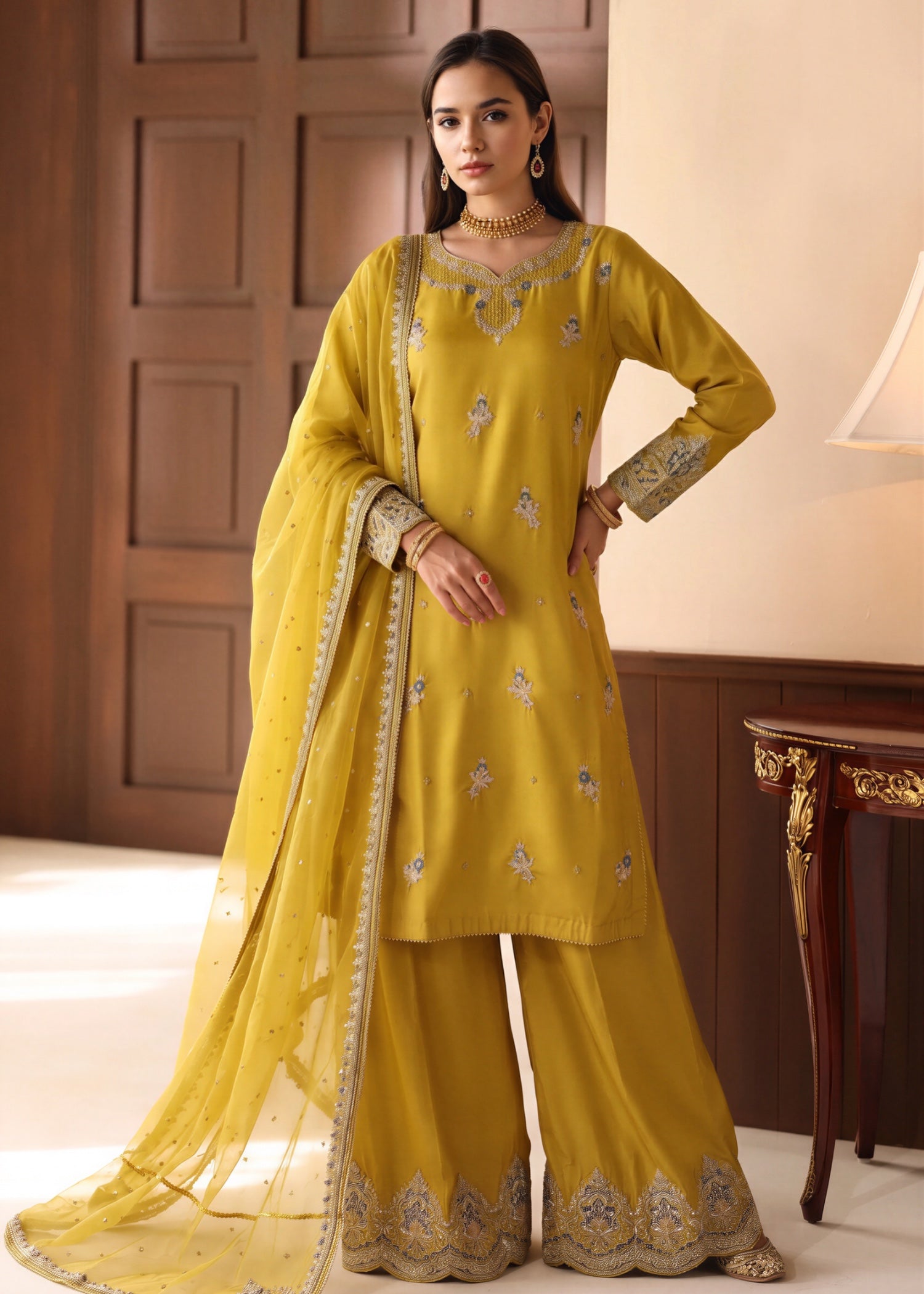 silk Kurta Set in Yellow green