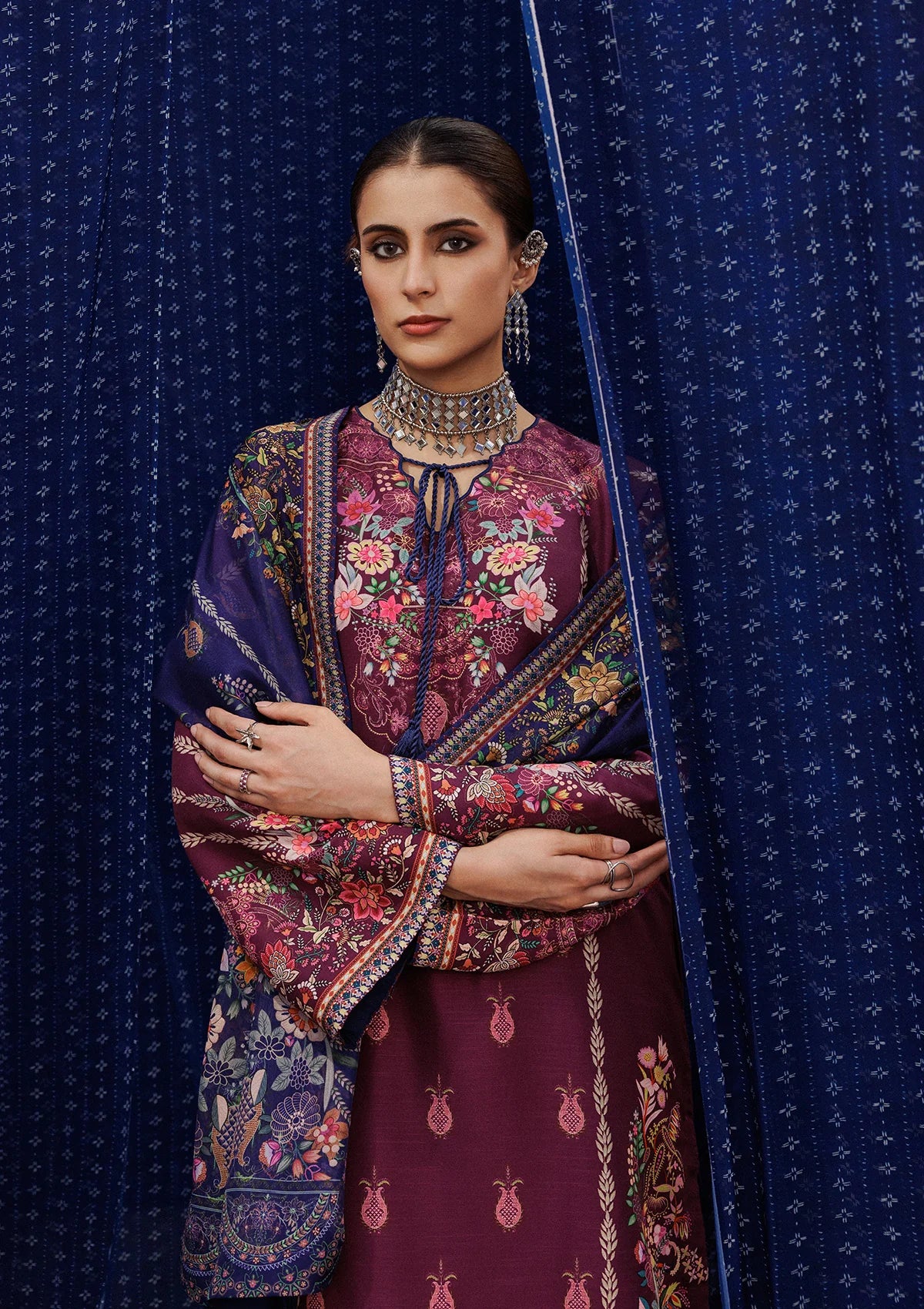 khaddar Unstitched in Plum purple